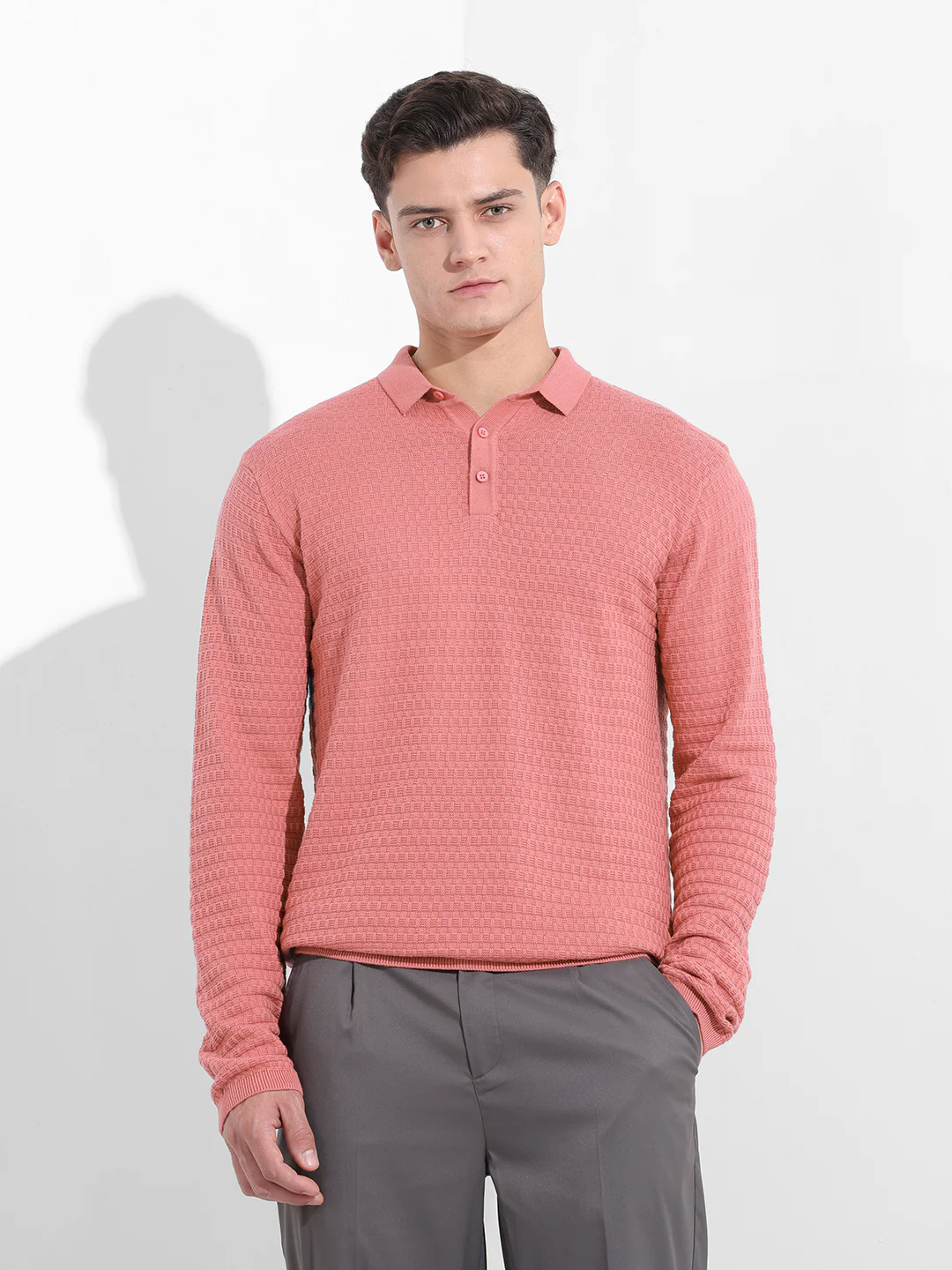 Men's Pink Slim Fit Striped Flat Knit Polo T-Shirt - Image 8