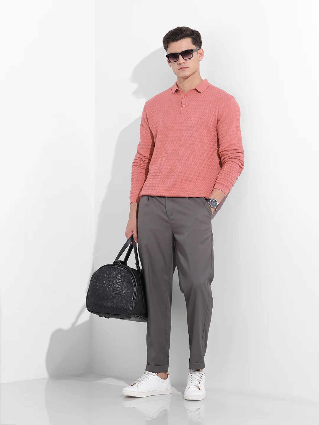 Men's Pink Slim Fit Striped Flat Knit Polo T-Shirt - Image 9