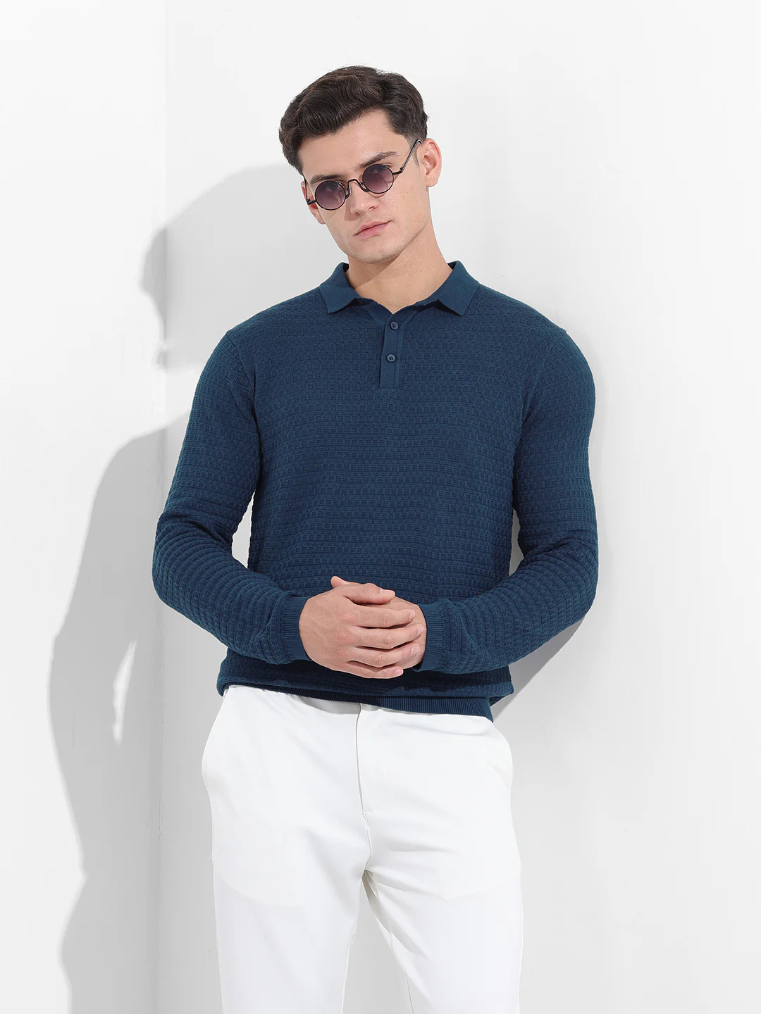 Men's Blue Slim Fit Striped Flat Knit Polo T-Shirt - Image 2
