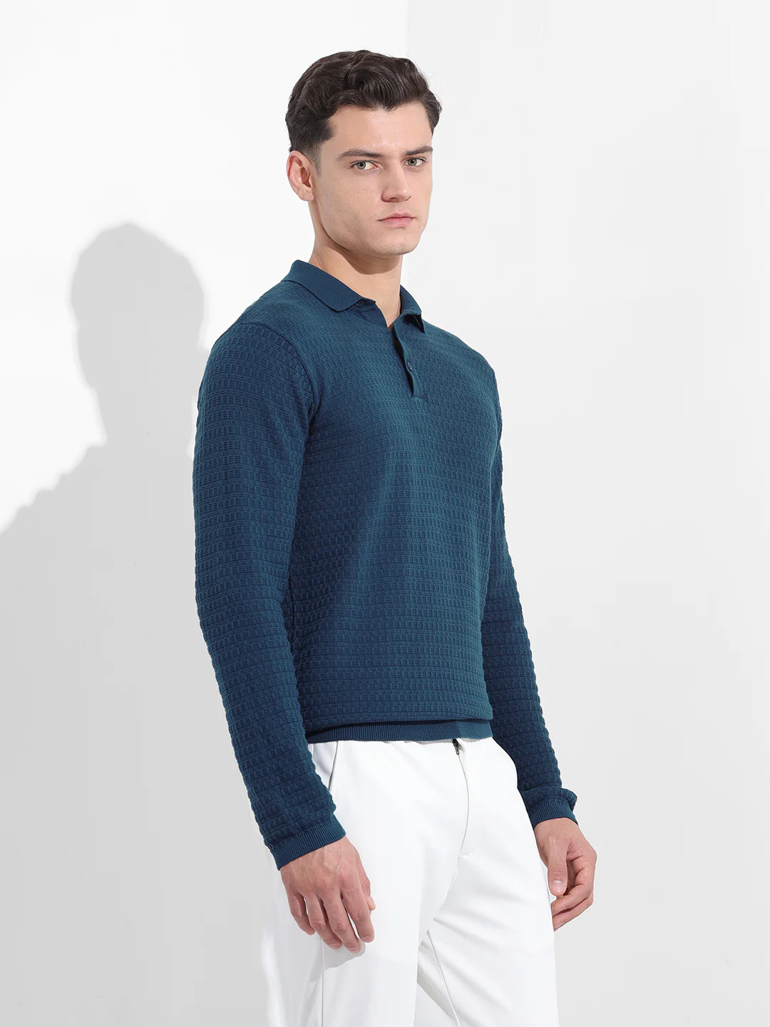 Men's Blue Slim Fit Striped Flat Knit Polo T-Shirt - Image 5