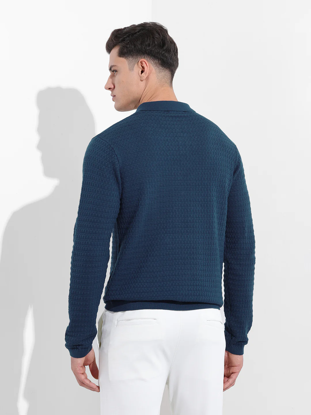 Men's Blue Slim Fit Striped Flat Knit Polo T-Shirt - Image 6