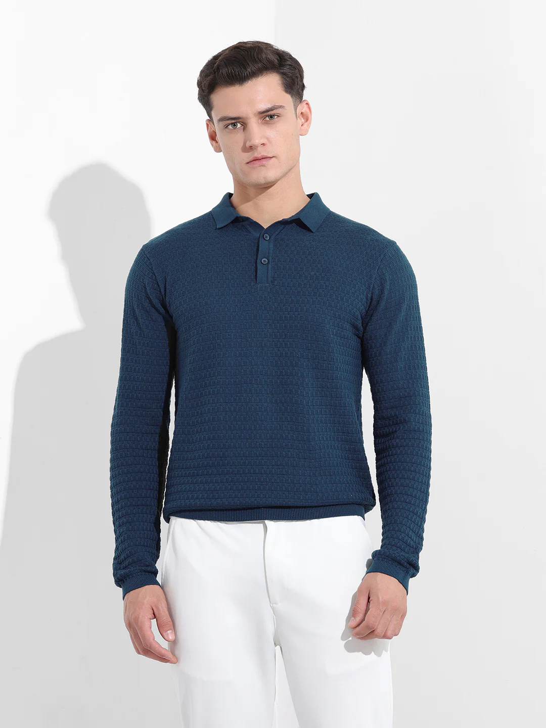 Men's Blue Slim Fit Striped Flat Knit Polo T-Shirt - Image 8