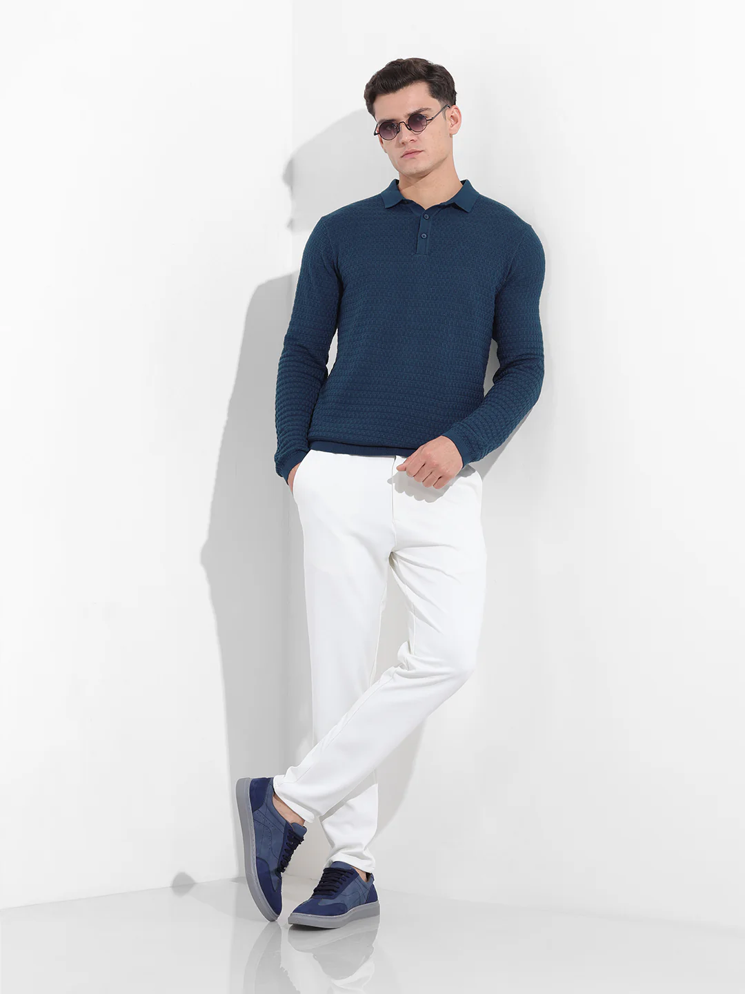 Men's Blue Slim Fit Striped Flat Knit Polo T-Shirt - Image 9