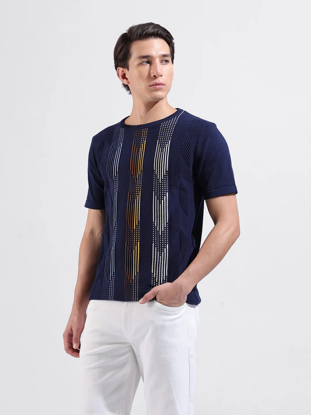 Men's Navy Blue Slim Fit Striped Flat Knit T-Shirt