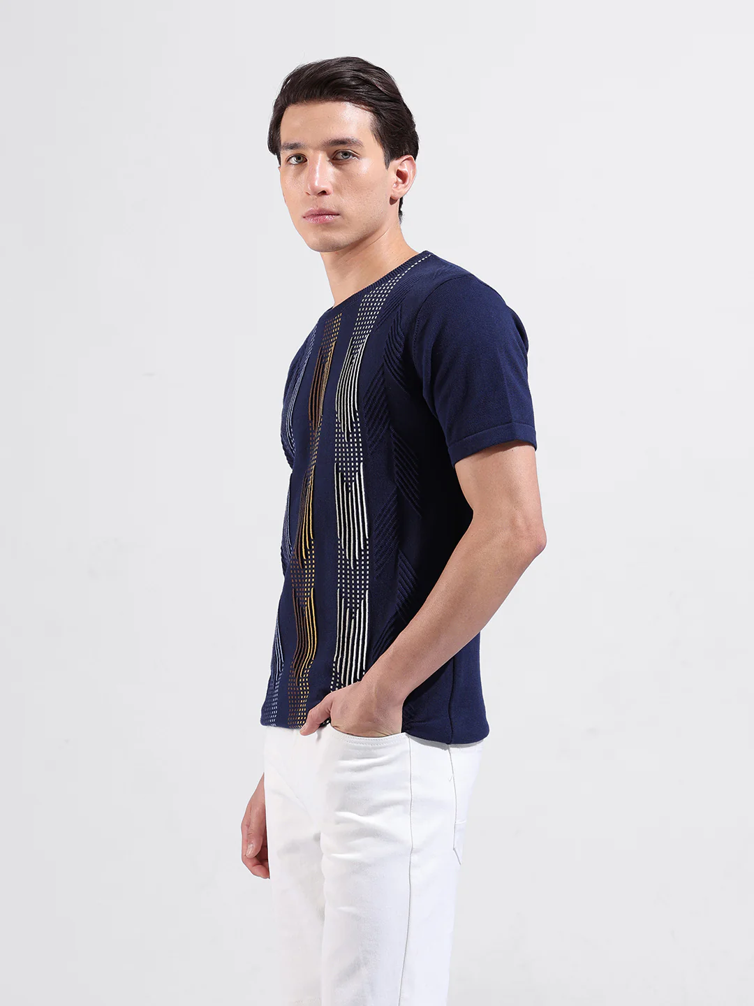 Men's Navy Blue Slim Fit Striped Flat Knit T-Shirt - Image 2