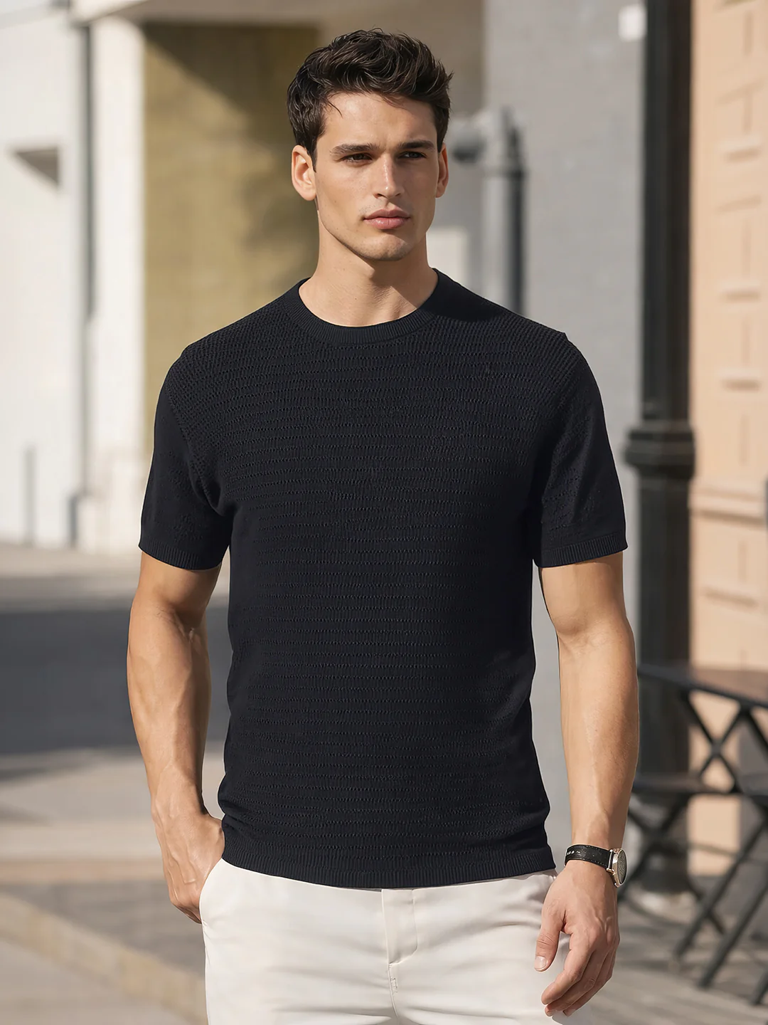 Men's Black Slim Fit Solid Flat Knit T-Shirt
