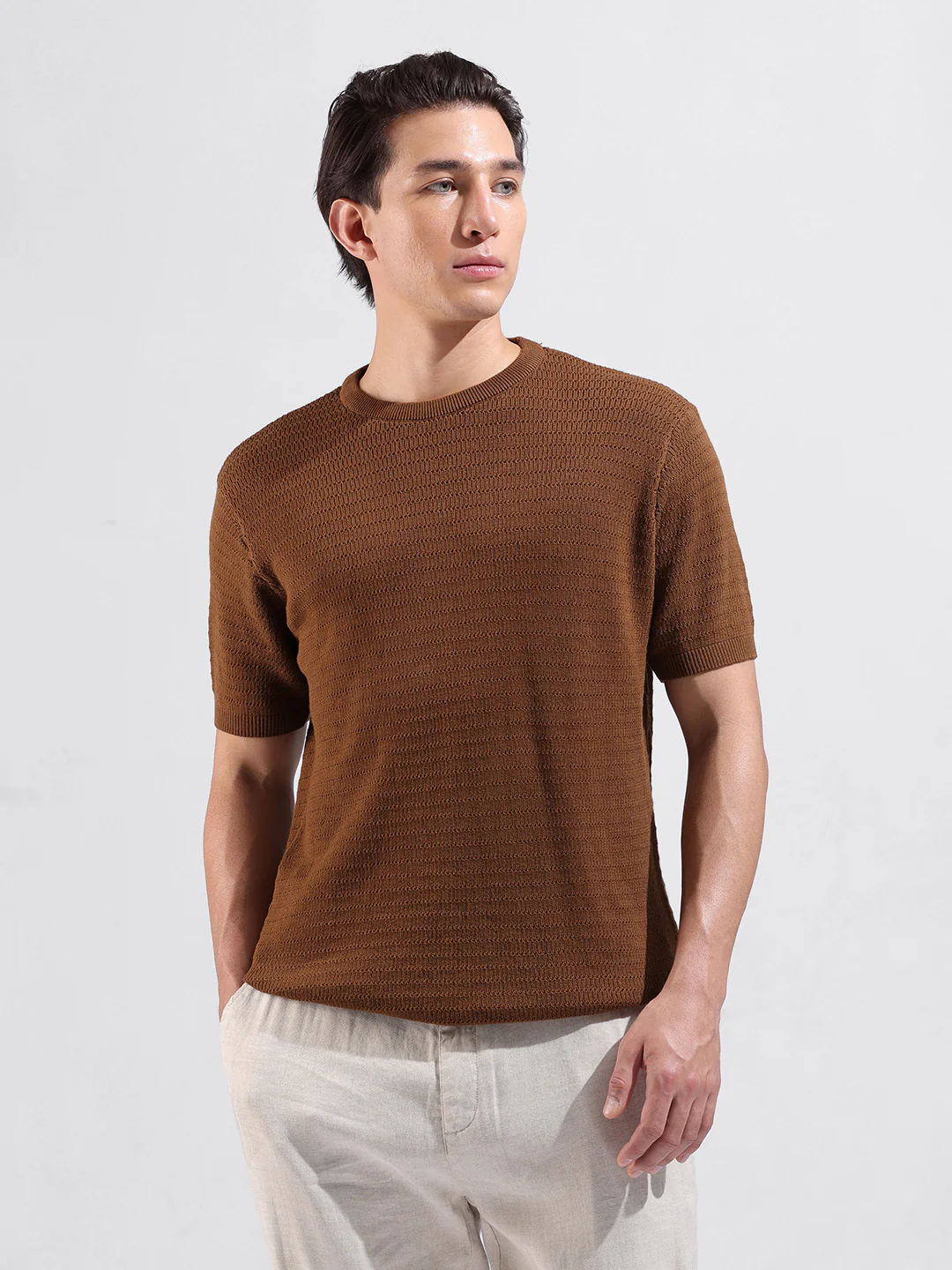 Men's Brown Slim Fit Solid Flat Knit Crew Neck T-Shirt