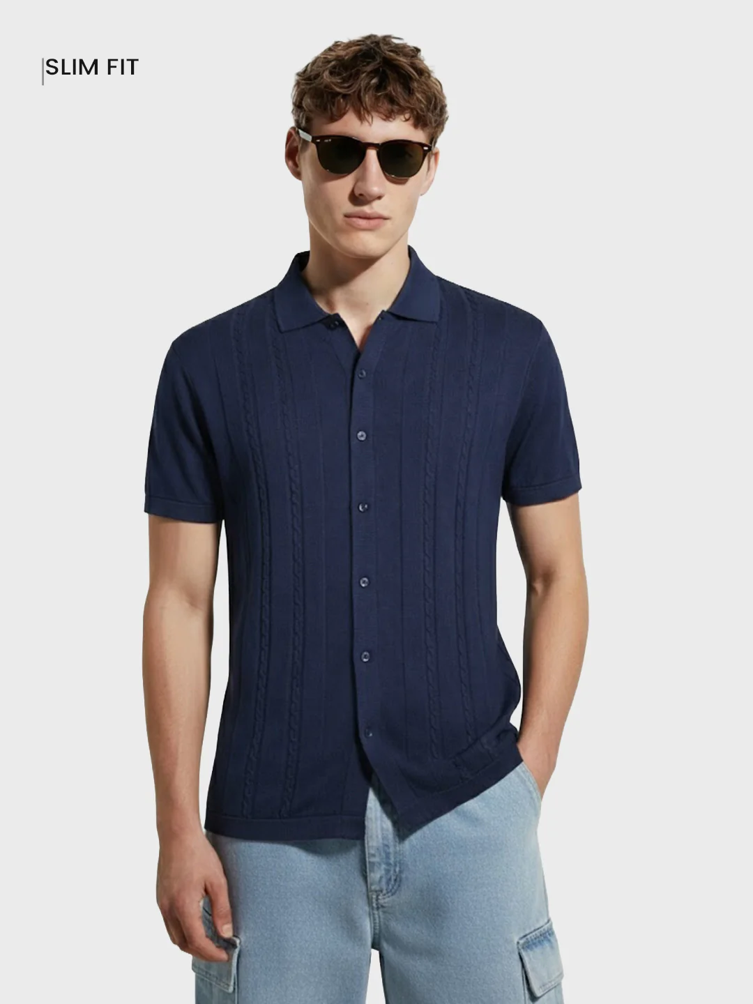 Men's Navy Blue Slim Fit Solid Flat Knit Shirt - Image 2