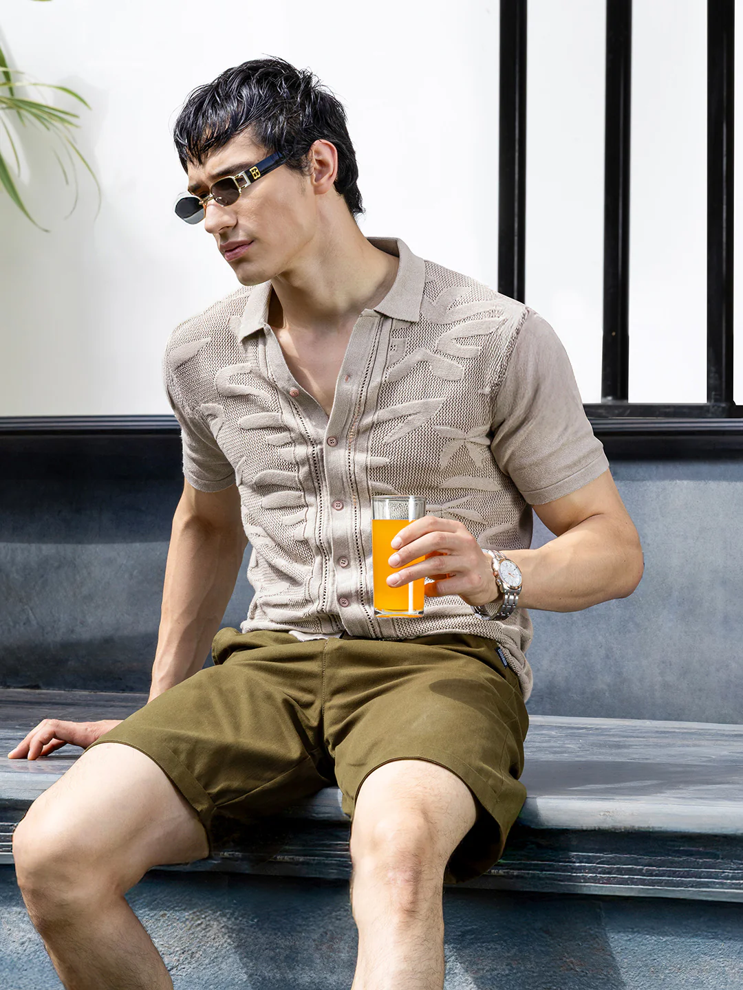 Men's Beige Slim Fit Solid Flat Knit Shirt