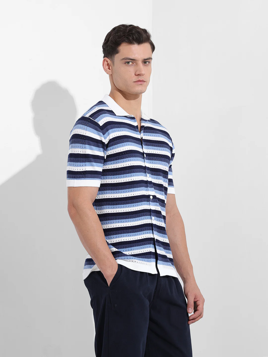 Men's Navy Blue Slim Fit Striped Flat Knit Shirt - Image 4