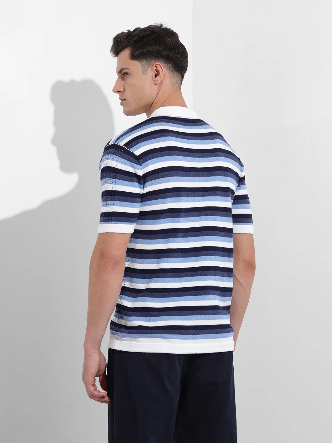 Men's Navy Blue Slim Fit Striped Flat Knit Shirt - Image 5