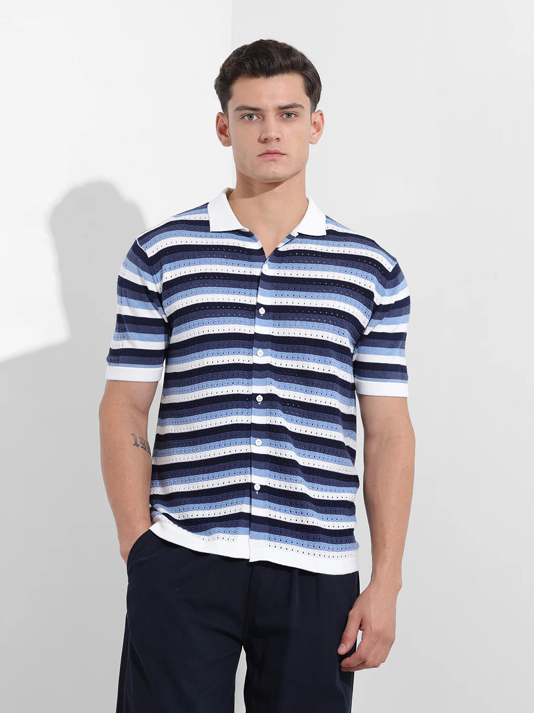 Men's Navy Blue Slim Fit Striped Flat Knit Shirt - Image 7