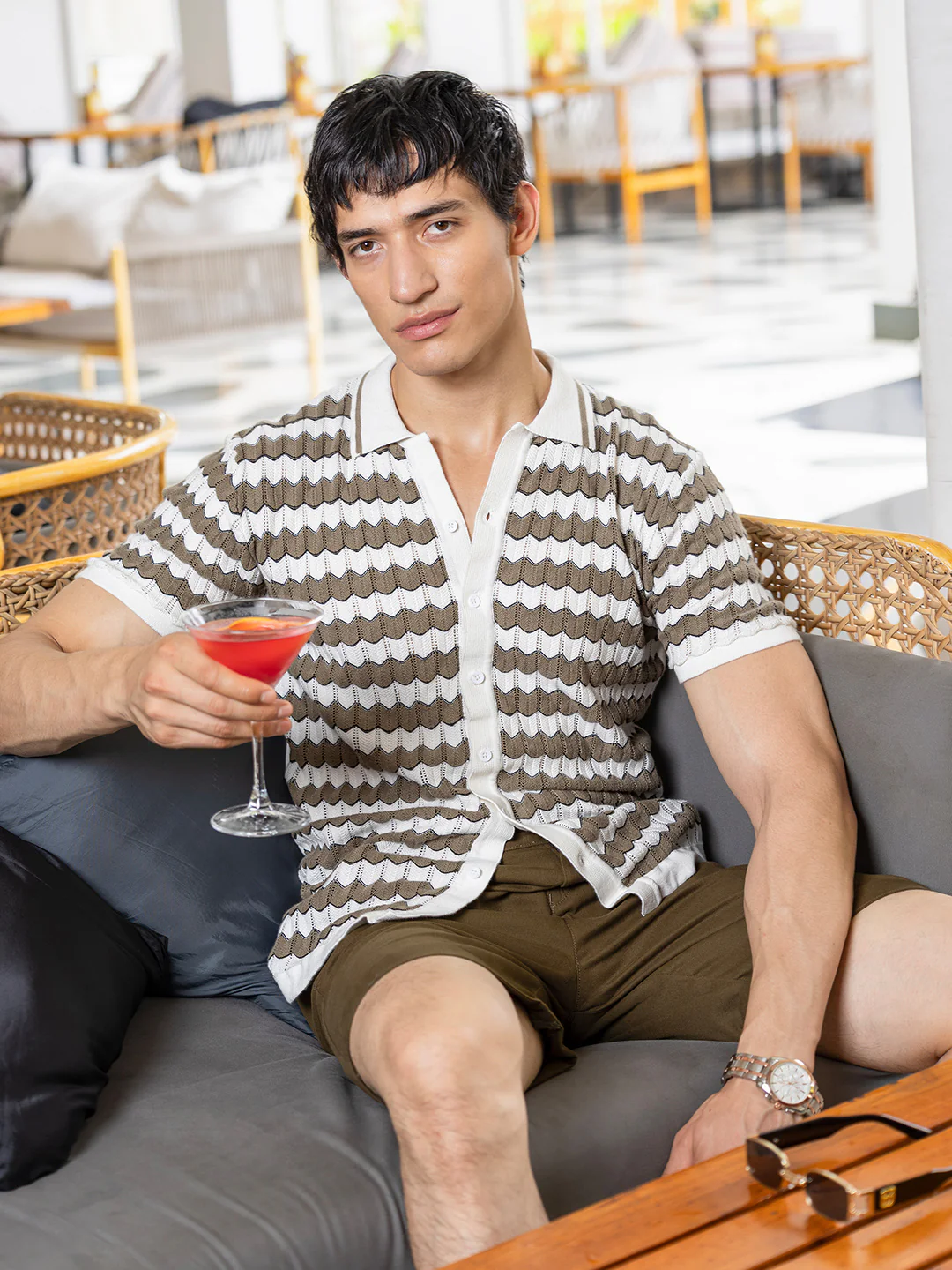 Men's Beige Slim Fit Striped Flat Knit Shirt