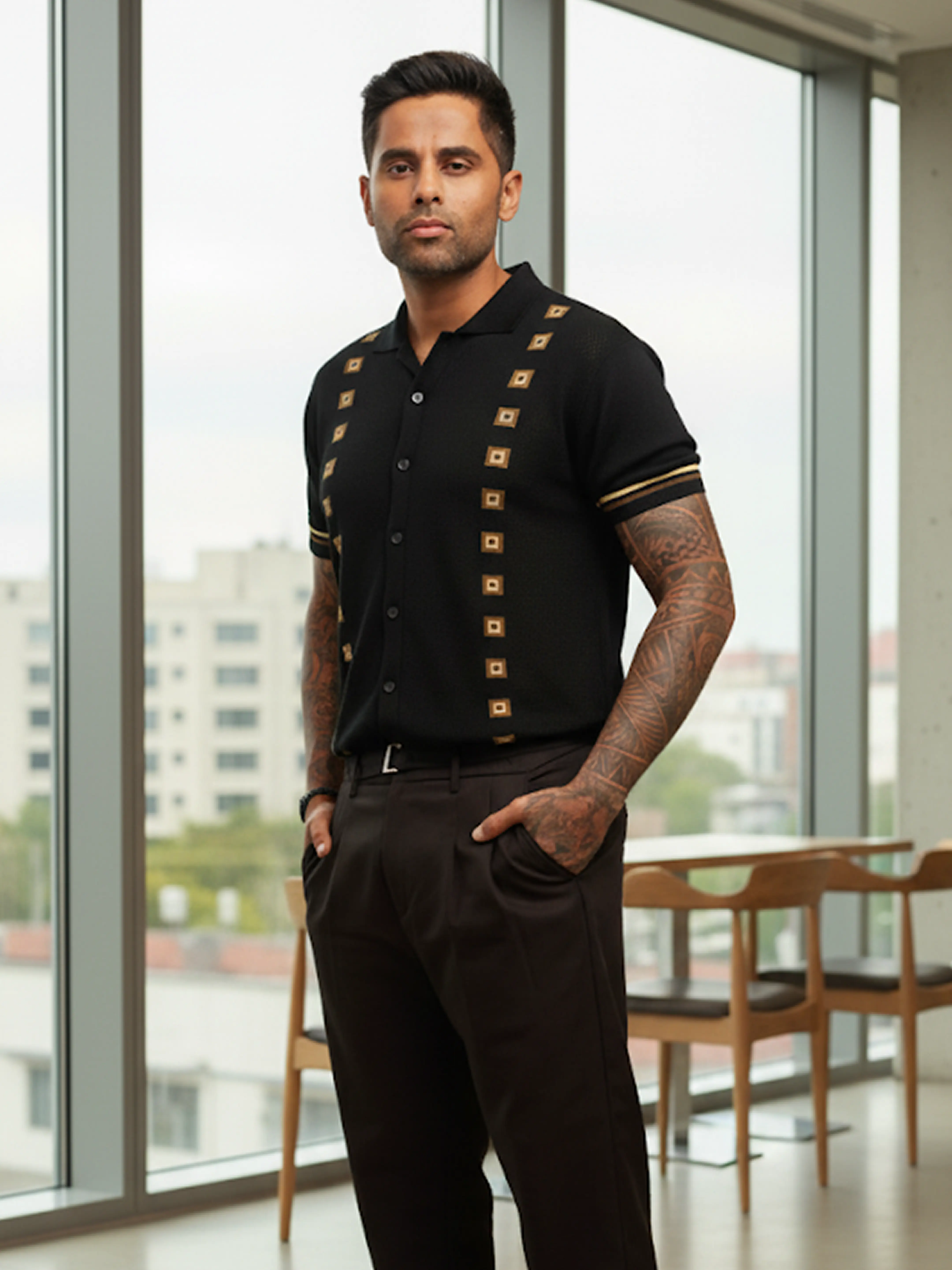 Men's Black Slim Fit Striped Flat Knit Shirt