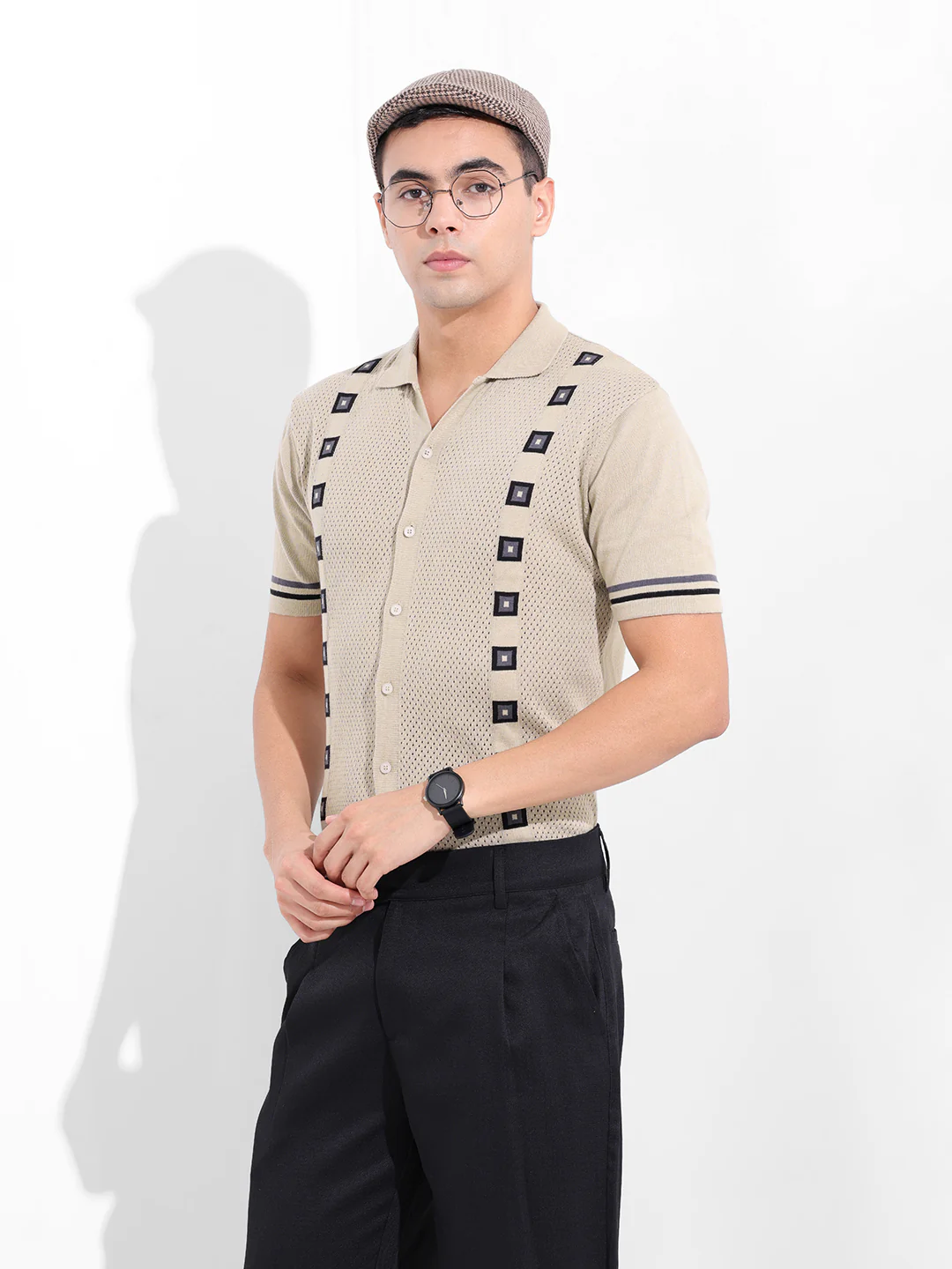 Men's Cream Slim Fit Striped Flat Knit Shirt - Image 2