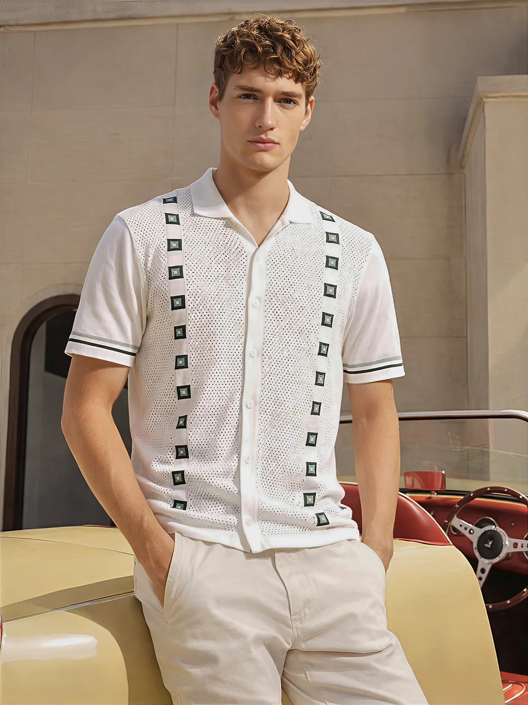 Men's White Slim Fit Striped Flat Knit Shirt