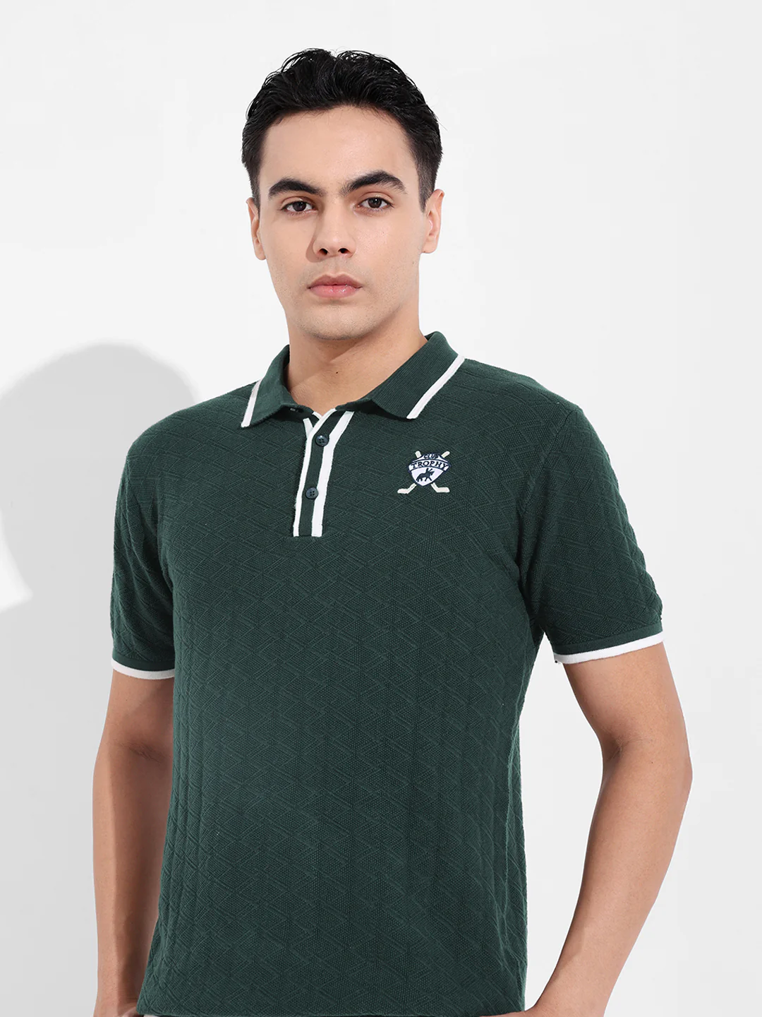 Men's Green Slim Fit Striped Flat Knit Polo T-Shirt - Image 4