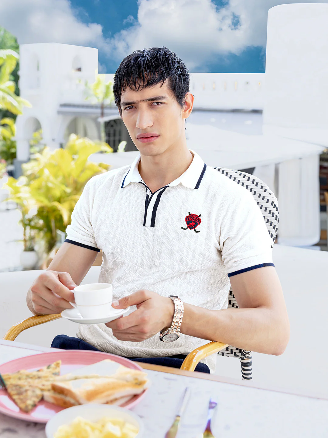 Men's White Slim Fit Striped Flat Knit Polo T-Shirt