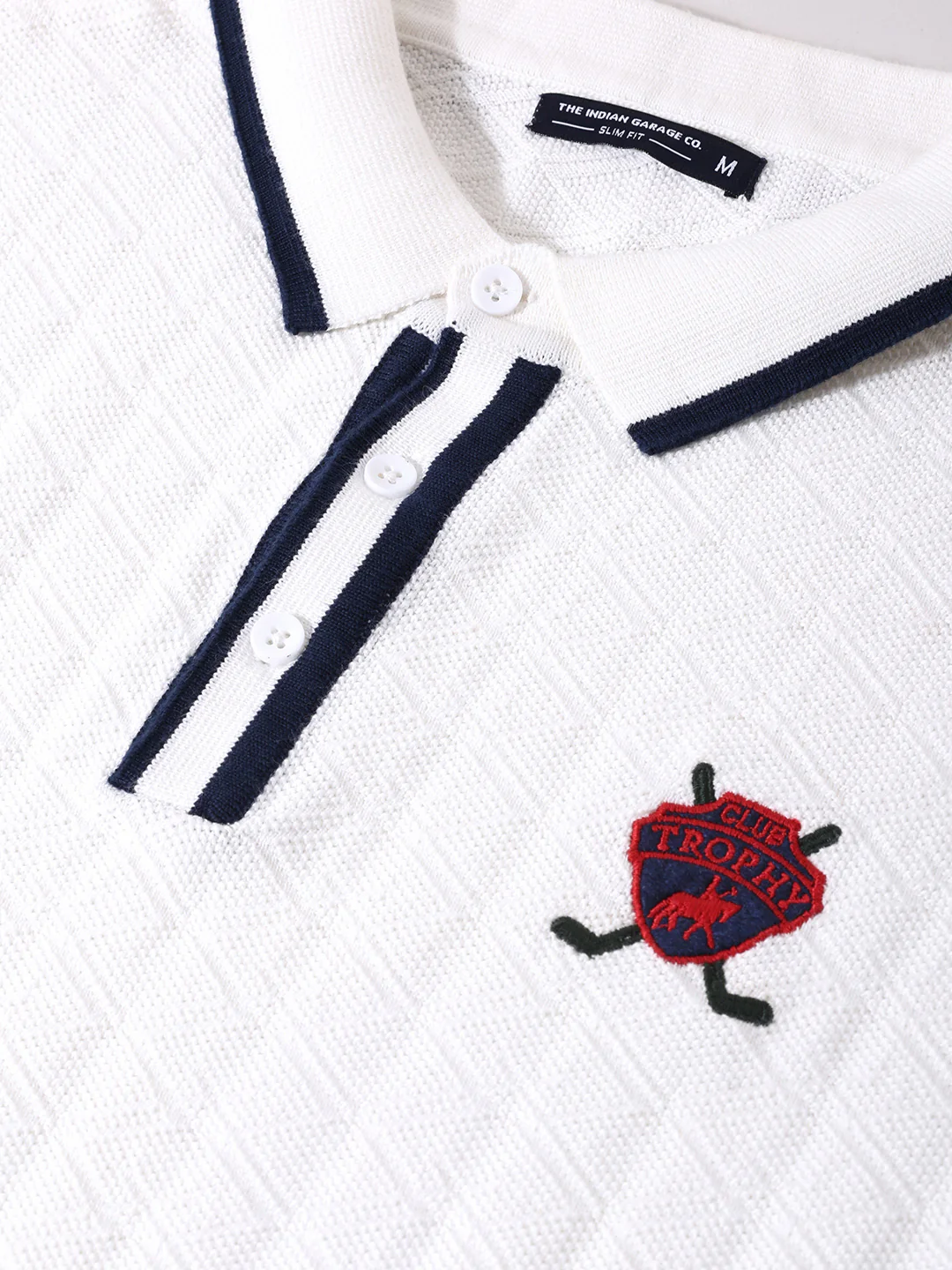 Men's White Slim Fit Striped Flat Knit Polo T-Shirt - Image 3