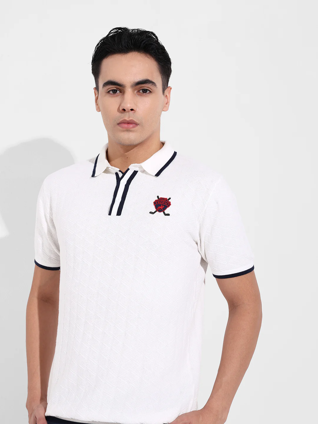 Men's White Slim Fit Striped Flat Knit Polo T-Shirt - Image 4