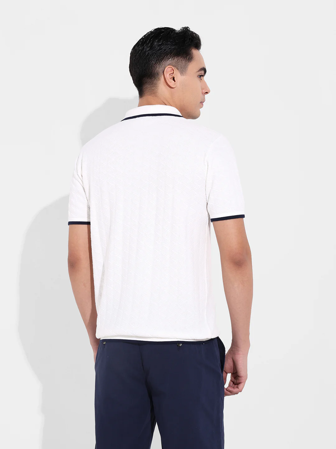 Men's White Slim Fit Striped Flat Knit Polo T-Shirt - Image 5