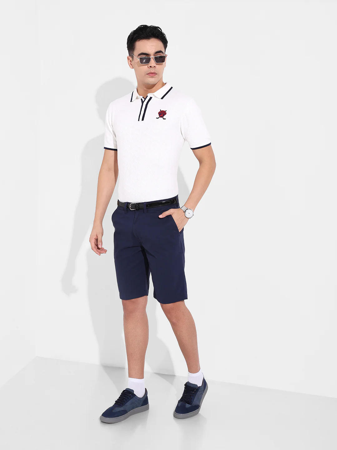 Men's White Slim Fit Striped Flat Knit Polo T-Shirt - Image 6