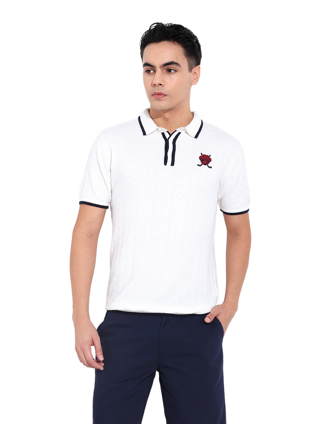 Men's White Slim Fit Striped Flat Knit Polo T-Shirt - Image 8