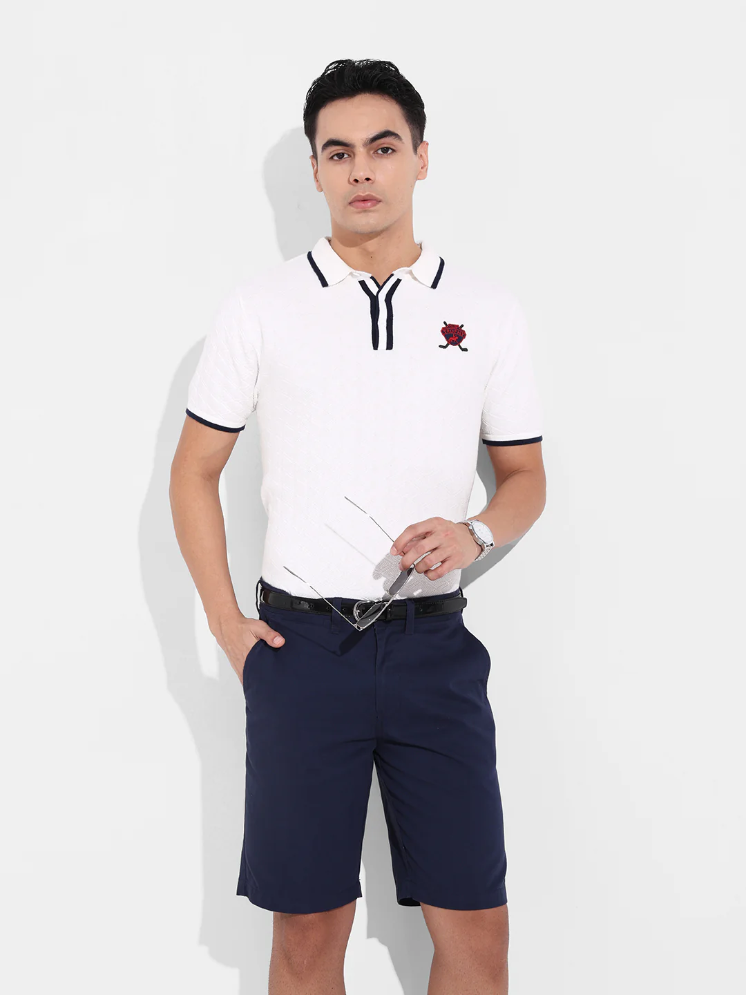 Men's White Slim Fit Striped Flat Knit Polo T-Shirt - Image 9