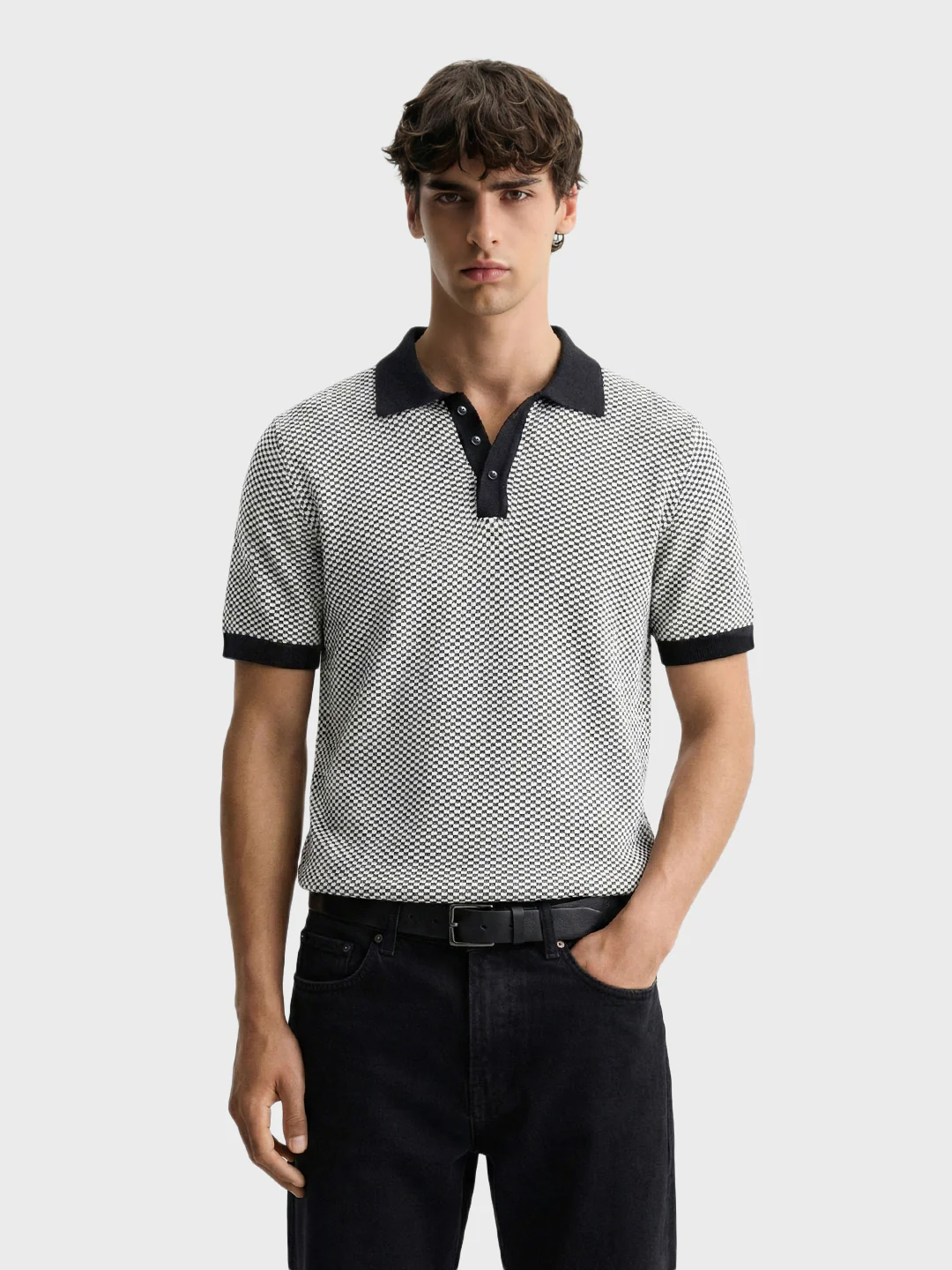 Men's Grey Slim Fit Solid Flat Knit Polo T-Shirt - Image 2
