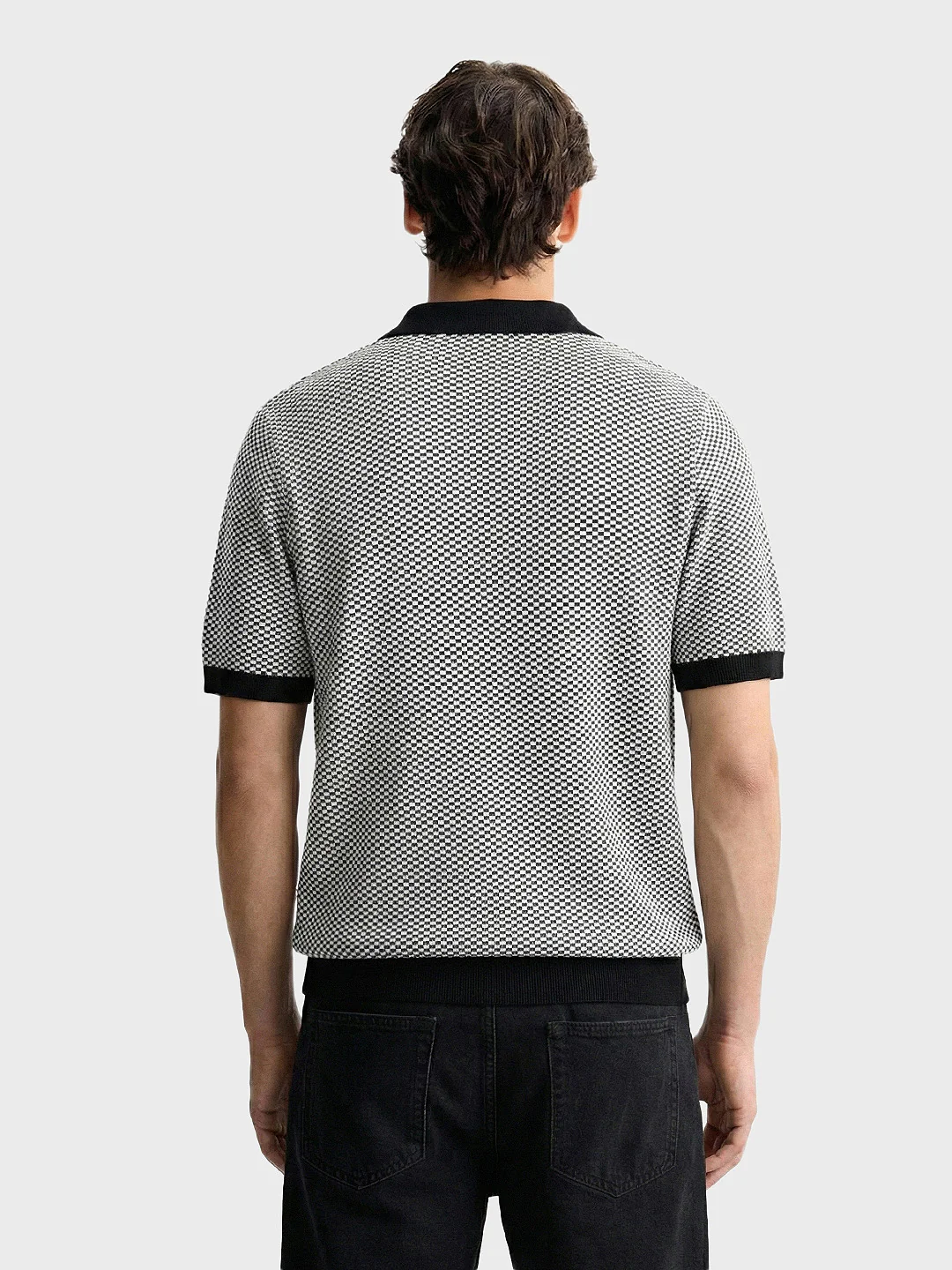Men's Grey Slim Fit Solid Flat Knit Polo T-Shirt - Image 4