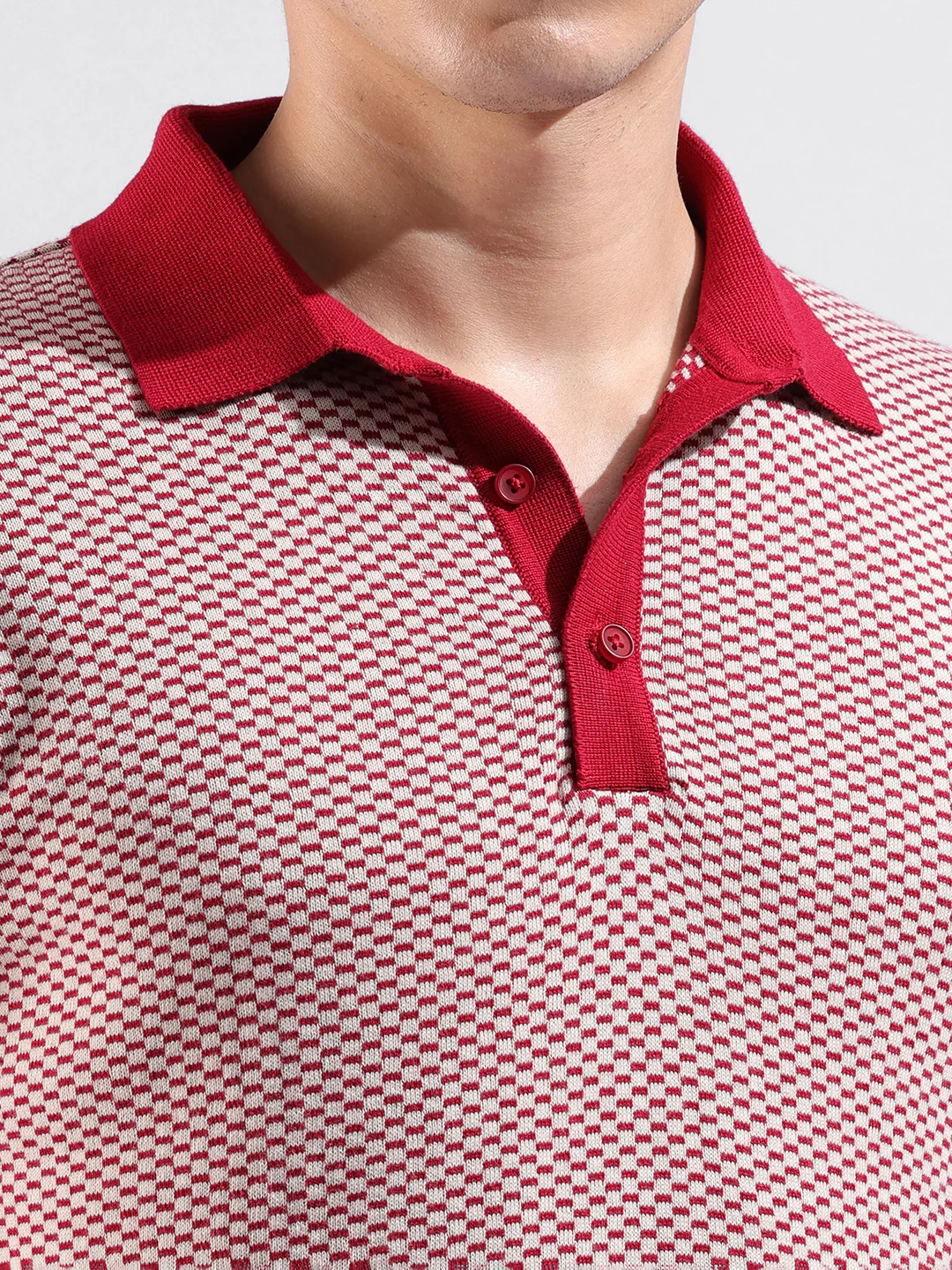 Men's Red Slim Fit Solid Flat Knit Polo T-Shirt - Image 3