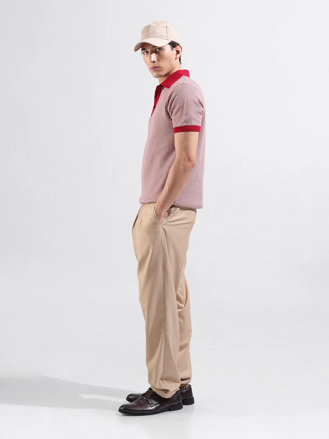 Men's Red Slim Fit Solid Flat Knit Polo T-Shirt - Image 6