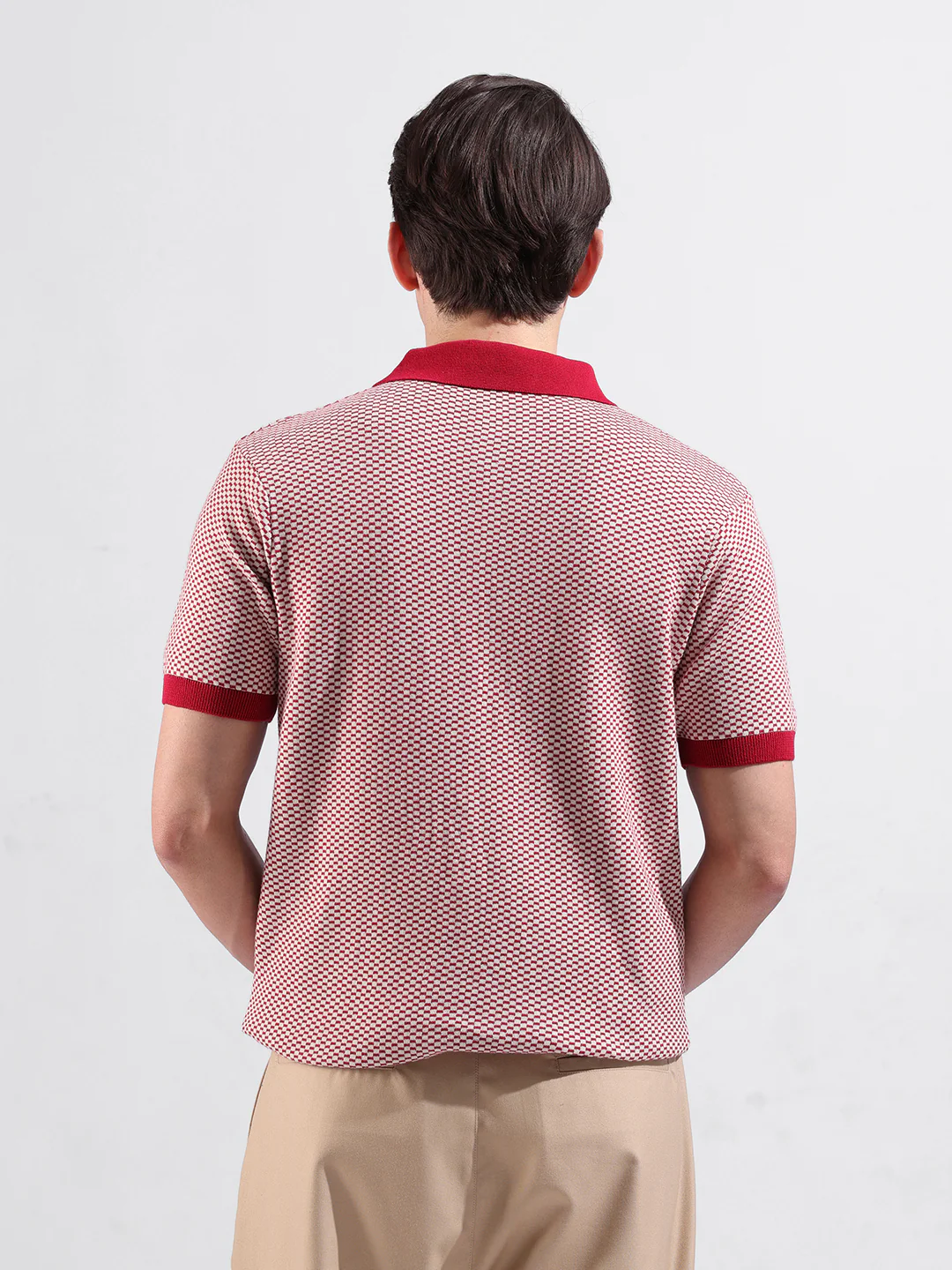 Men's Red Slim Fit Solid Flat Knit Polo T-Shirt - Image 7