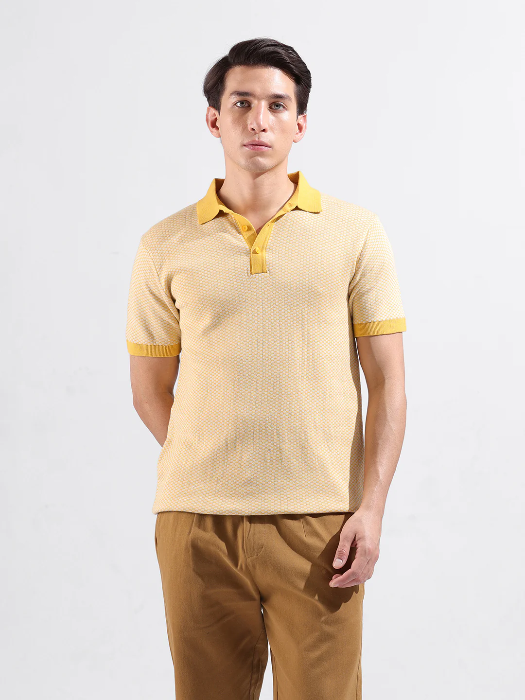 Men's Yellow Slim Fit Solid Flat Knit Polo T-Shirt - Image 2