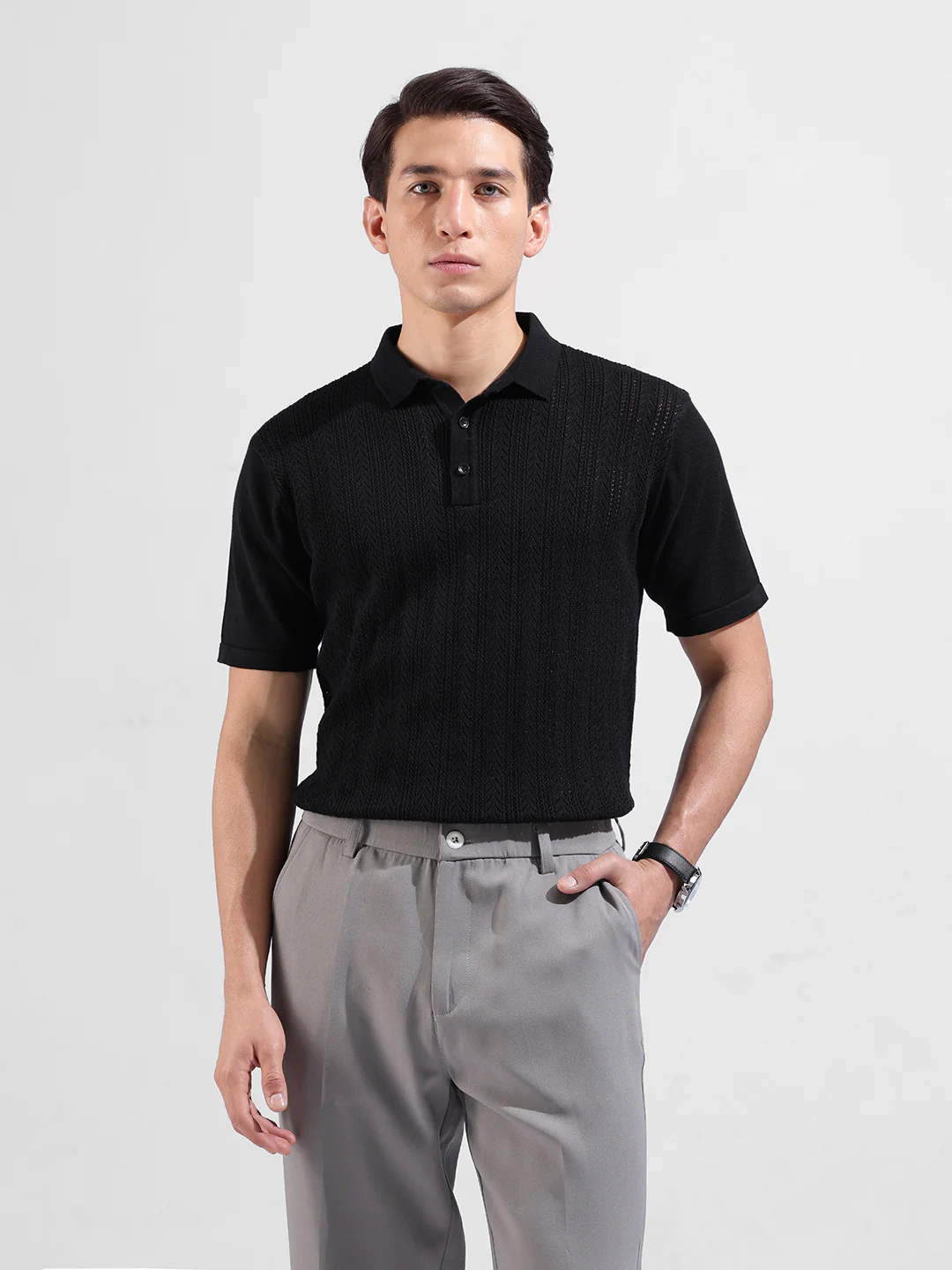 Men's Black Slim Fit Striped Flat Knit Polo T-Shirt