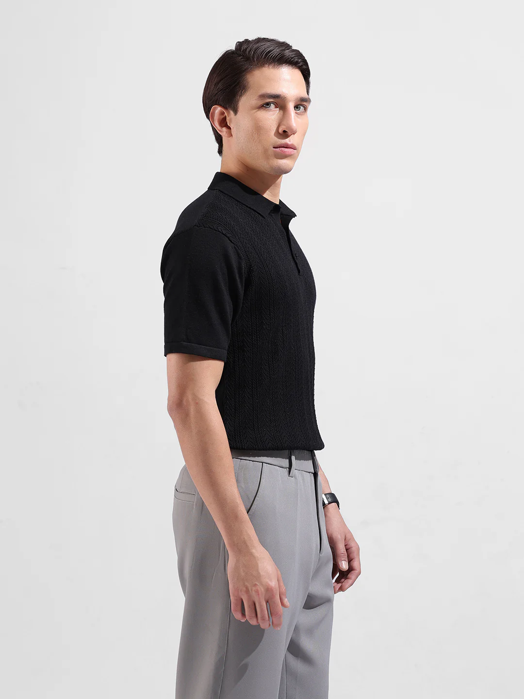 Men's Black Slim Fit Striped Flat Knit Polo T-Shirt - Image 2