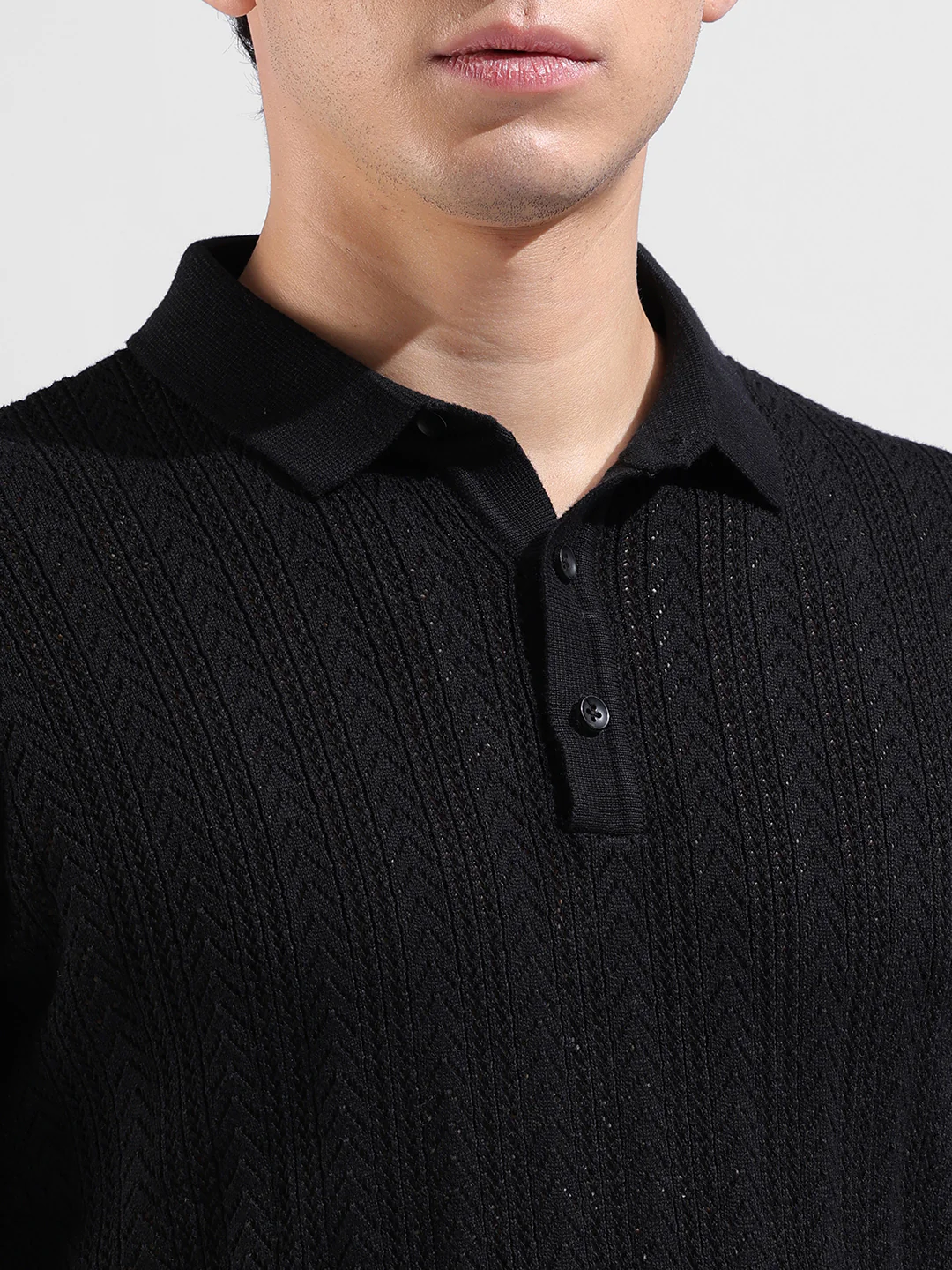 Men's Black Slim Fit Striped Flat Knit Polo T-Shirt - Image 3
