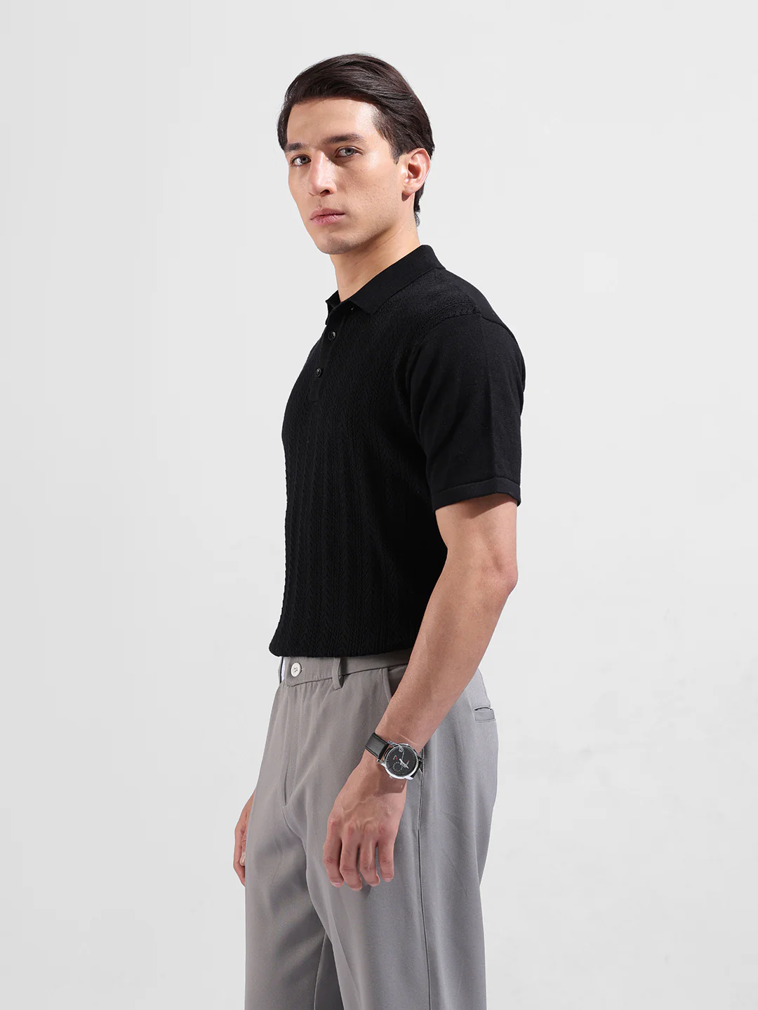 Men's Black Slim Fit Striped Flat Knit Polo T-Shirt - Image 4
