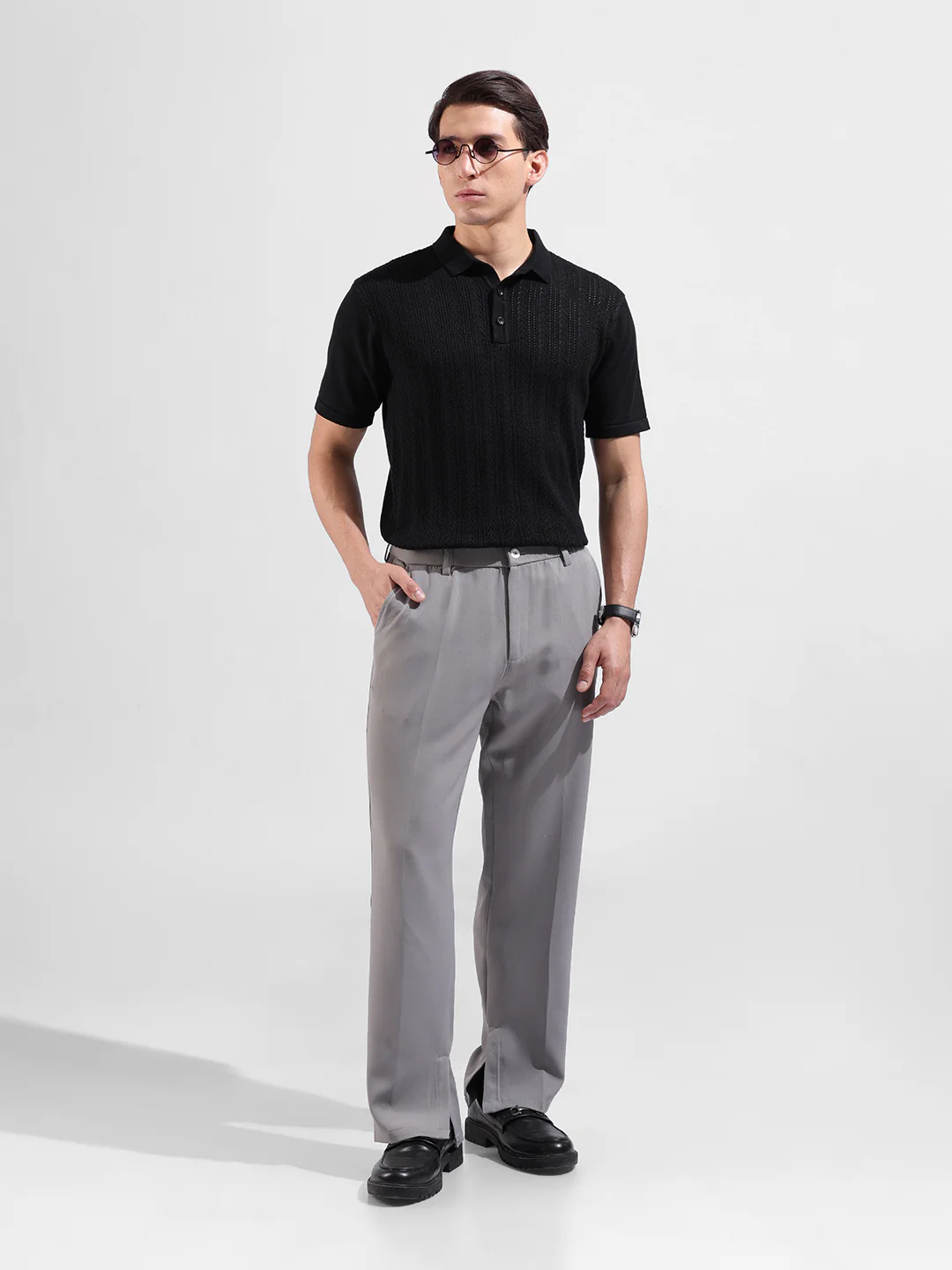 Men's Black Slim Fit Striped Flat Knit Polo T-Shirt - Image 5