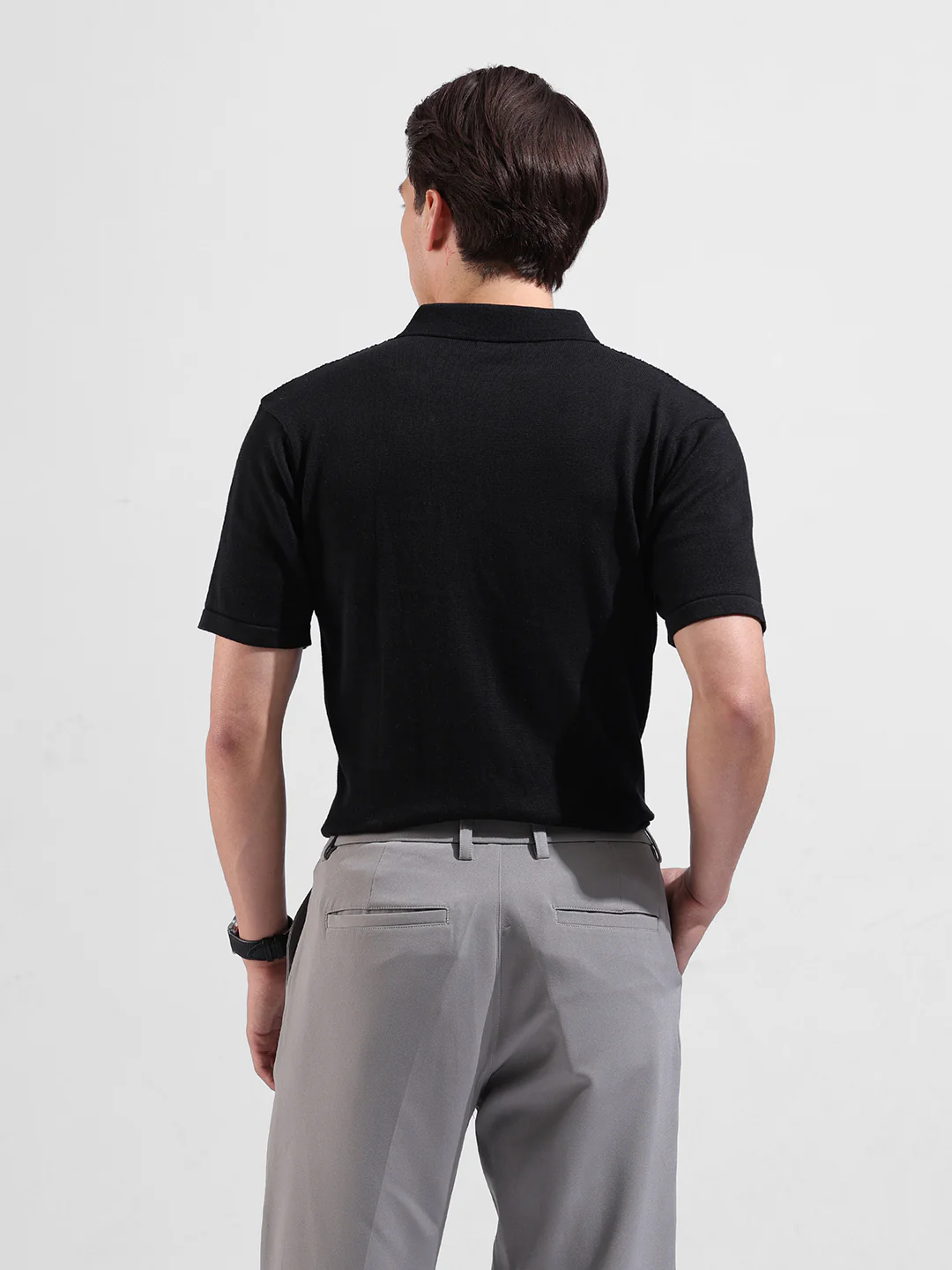 Men's Black Slim Fit Striped Flat Knit Polo T-Shirt - Image 6