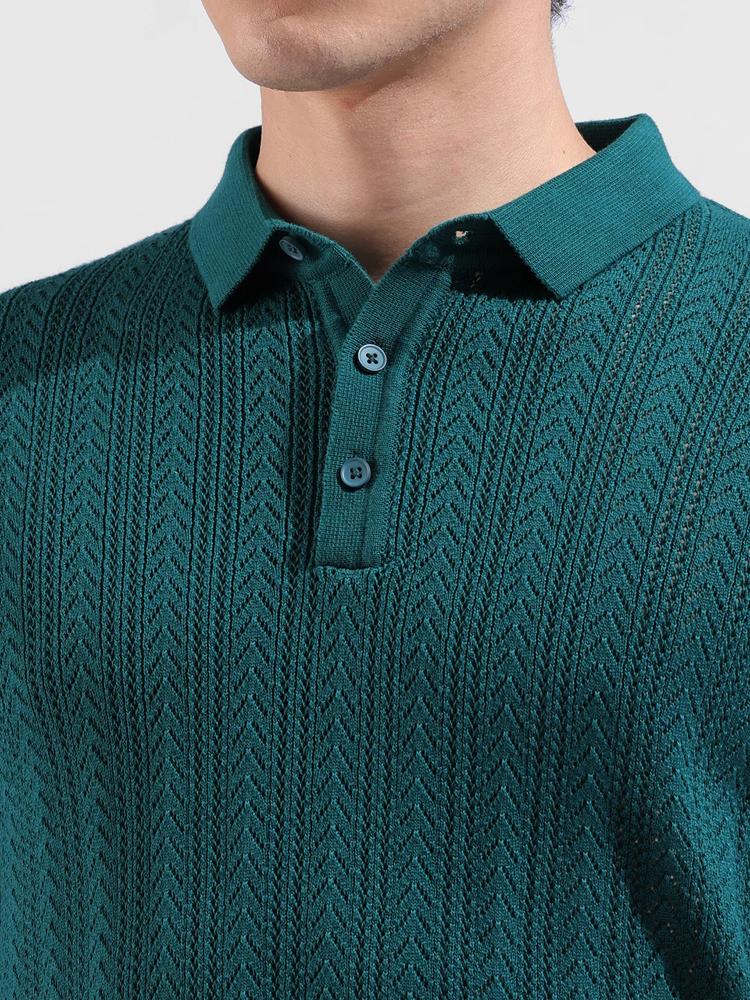 Men's Teal Slim Fit Solid Flat Knit Polo T-Shirt - Image 3