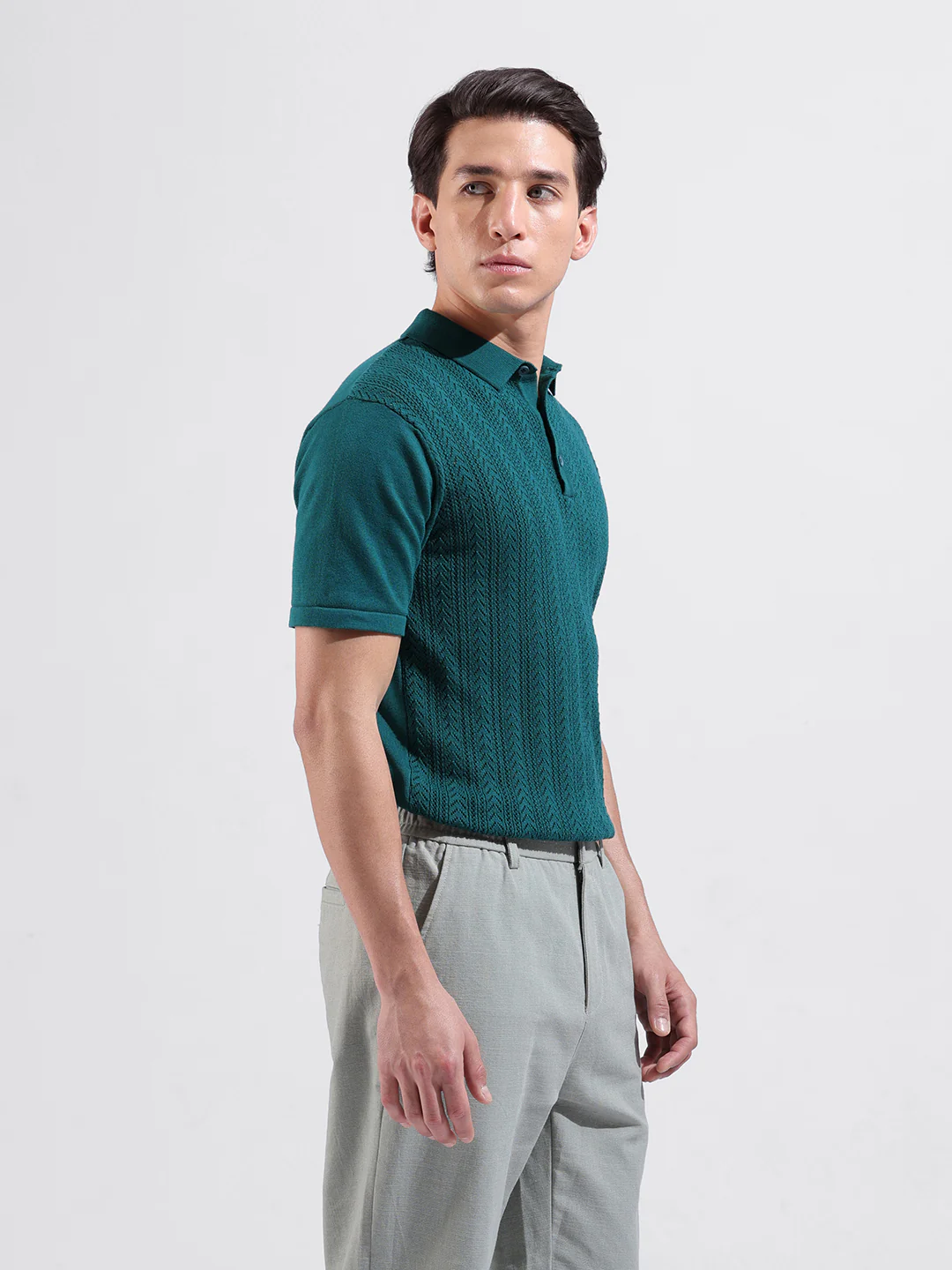 Men's Teal Slim Fit Solid Flat Knit Polo T-Shirt - Image 4