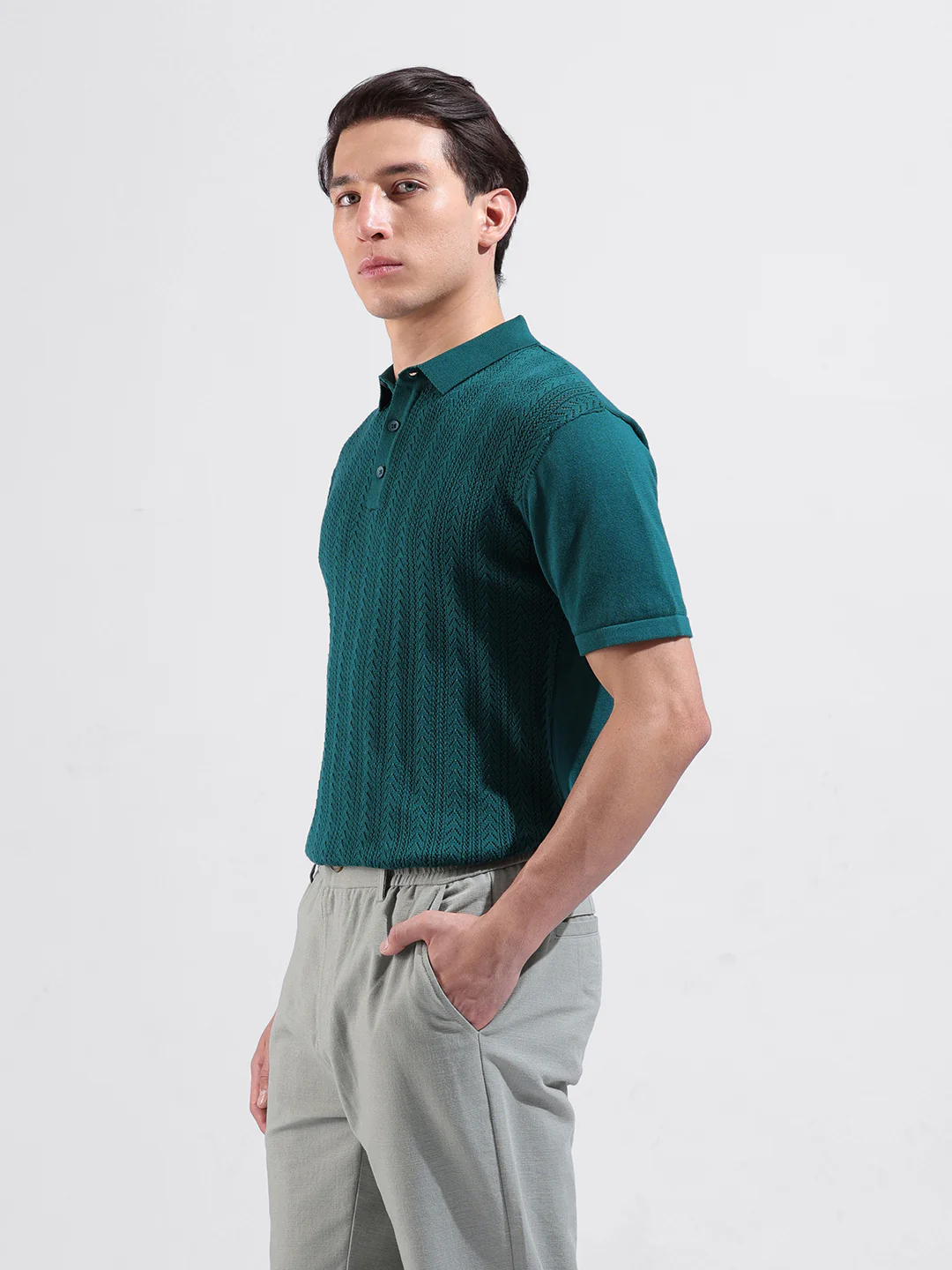 Men's Teal Slim Fit Solid Flat Knit Polo T-Shirt - Image 5