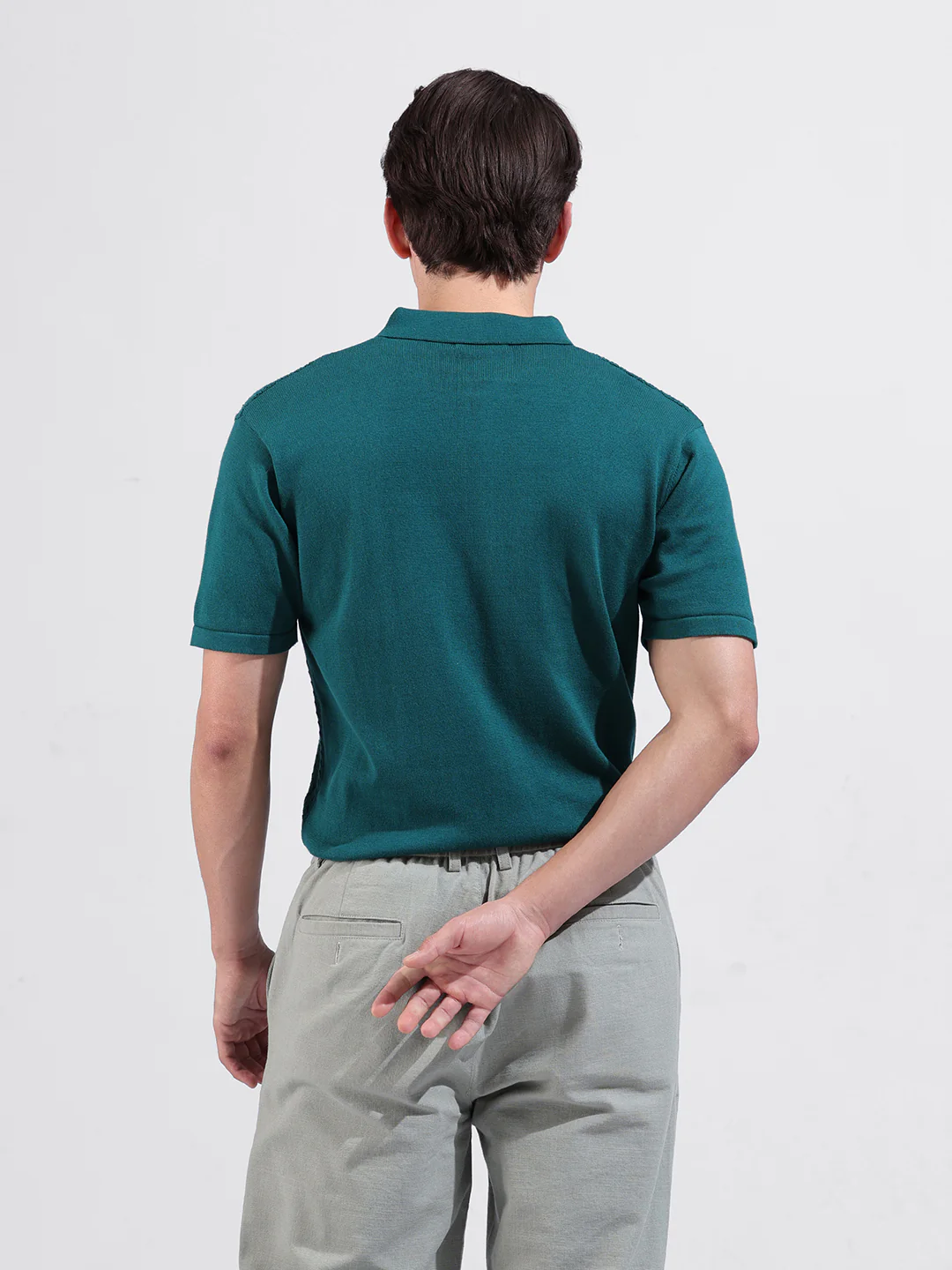 Men's Teal Slim Fit Solid Flat Knit Polo T-Shirt - Image 6