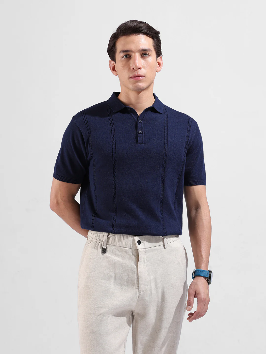Men's Navy Blue Slim Fit Solid Flat Knit Polo T-Shirt - Image 2