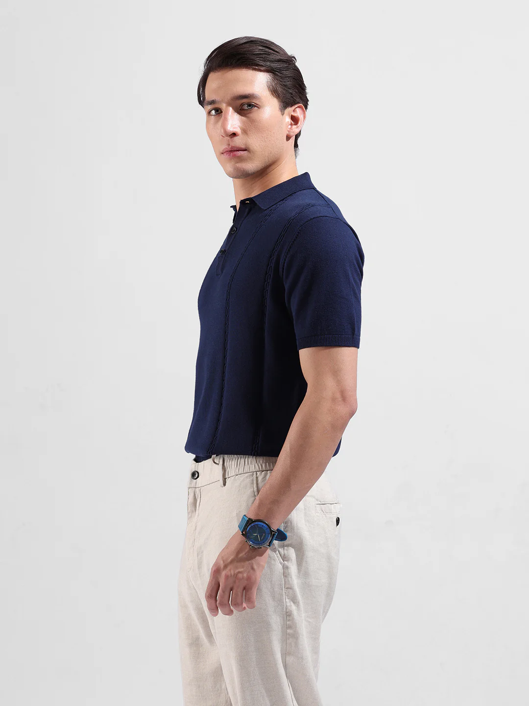 Men's Navy Blue Slim Fit Solid Flat Knit Polo T-Shirt - Image 5