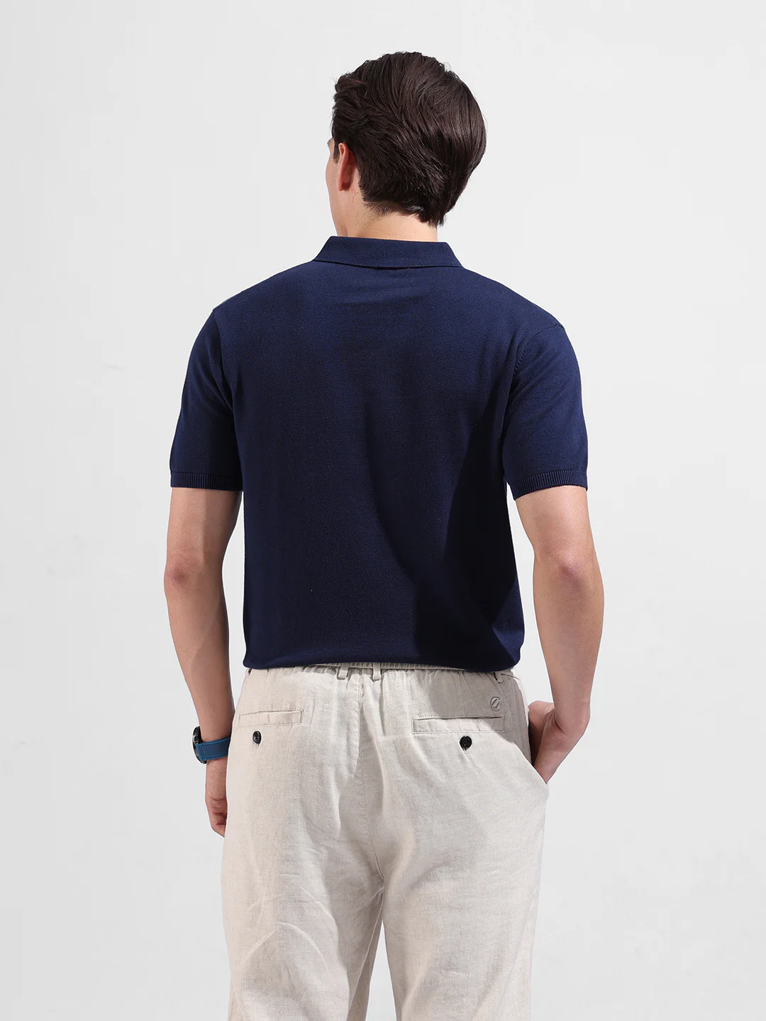 Men's Navy Blue Slim Fit Solid Flat Knit Polo T-Shirt - Image 6