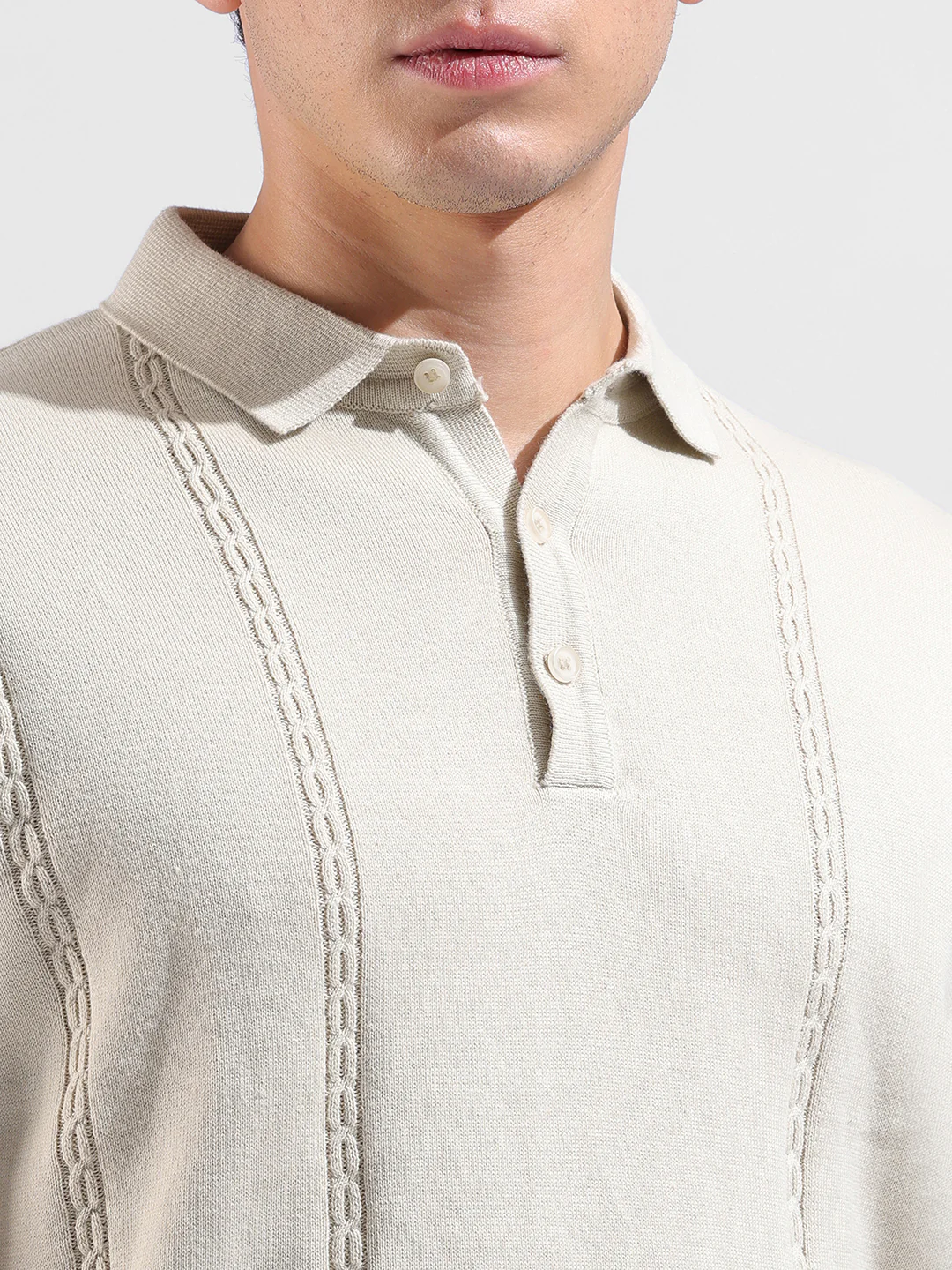 Men's Cream Slim Fit Striped Flat Knit Polo T-Shirt - Image 3