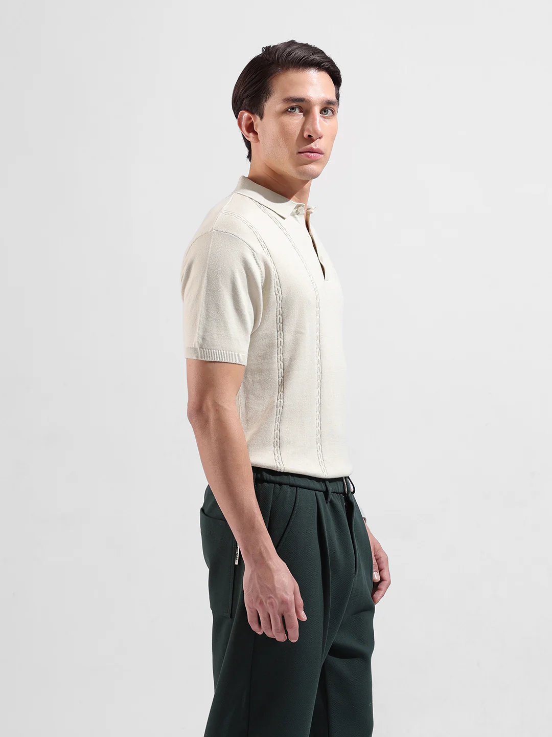 Men's Cream Slim Fit Striped Flat Knit Polo T-Shirt - Image 4