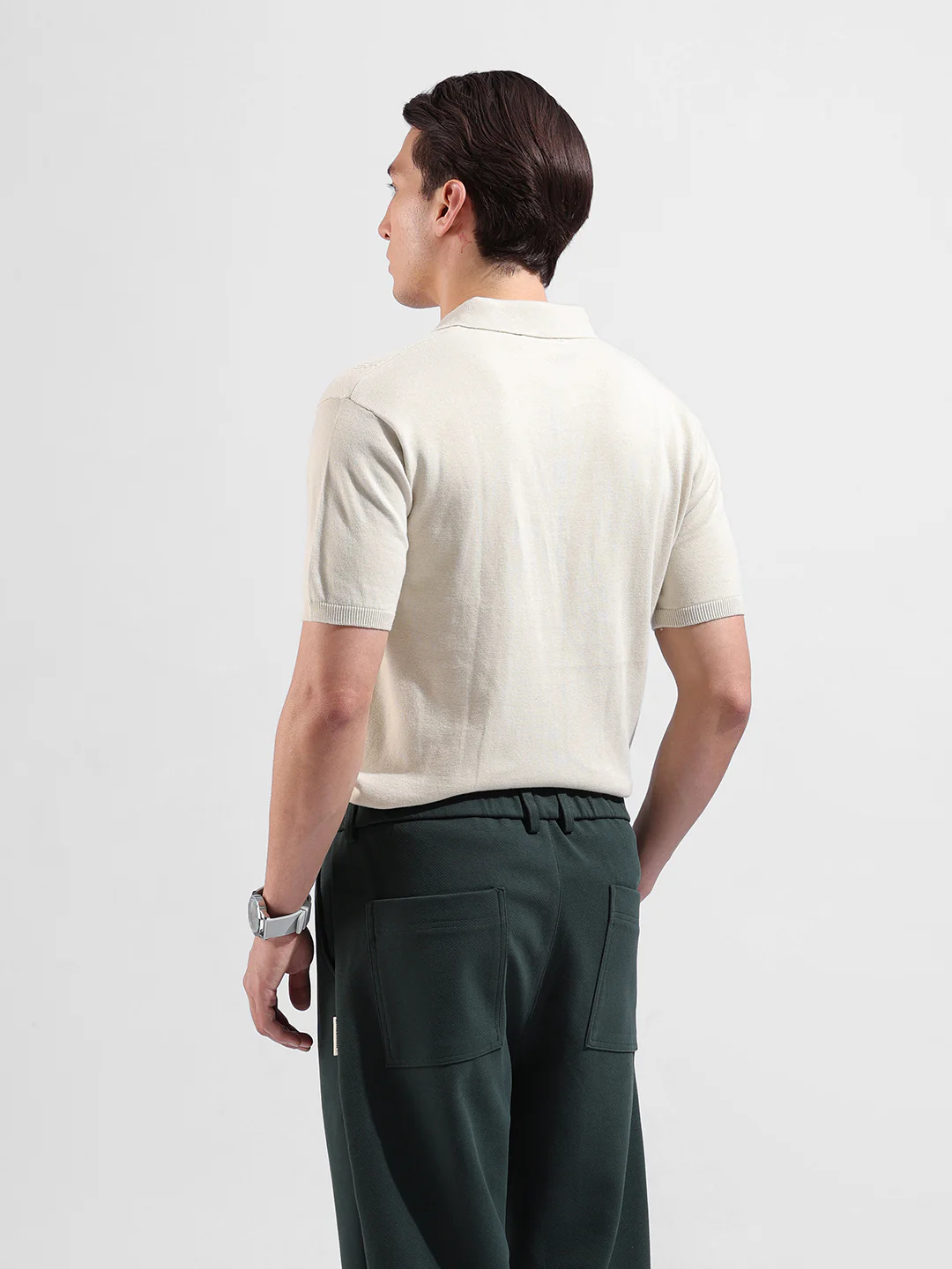 Men's Cream Slim Fit Striped Flat Knit Polo T-Shirt - Image 6